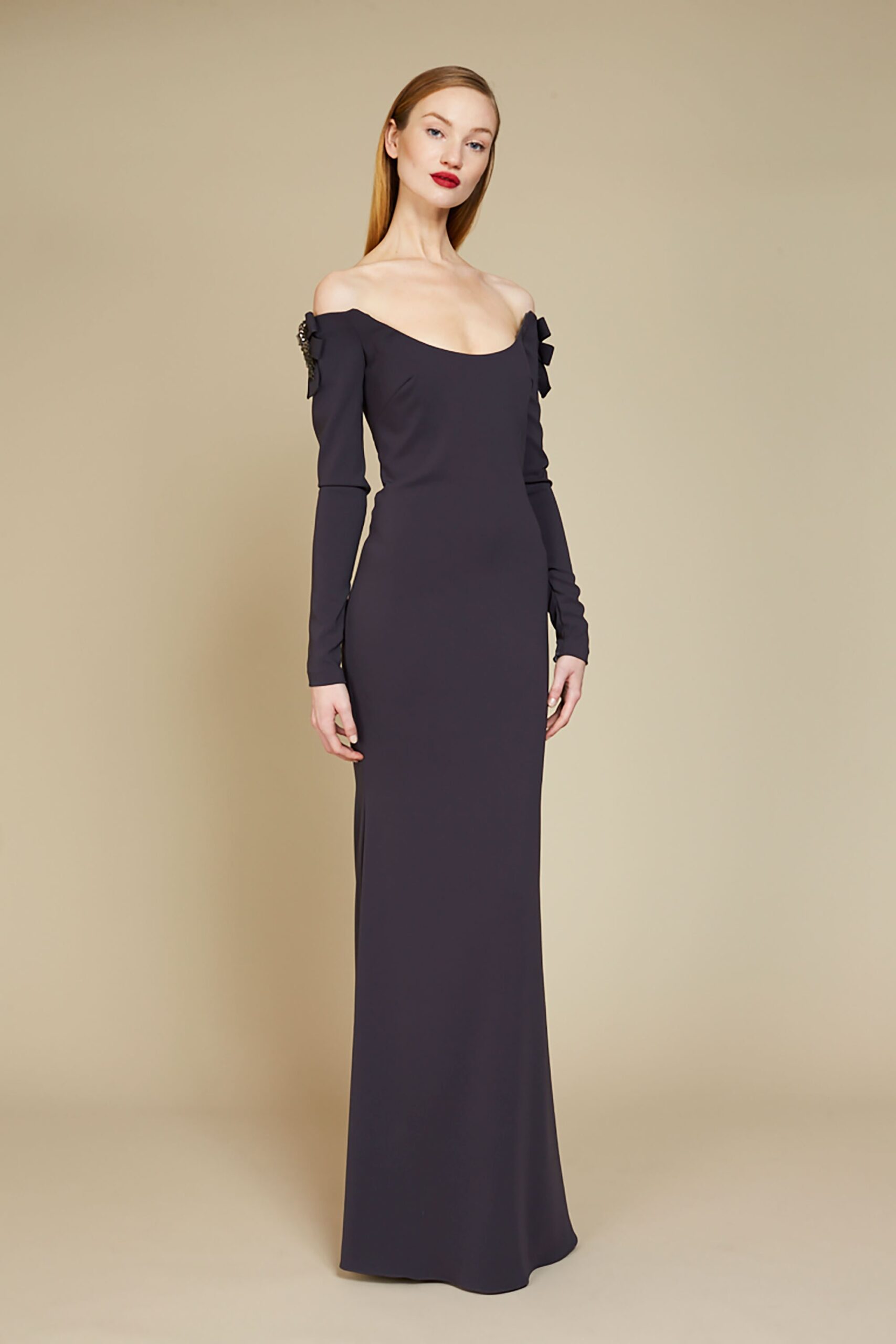 black silk off-shoulder gown