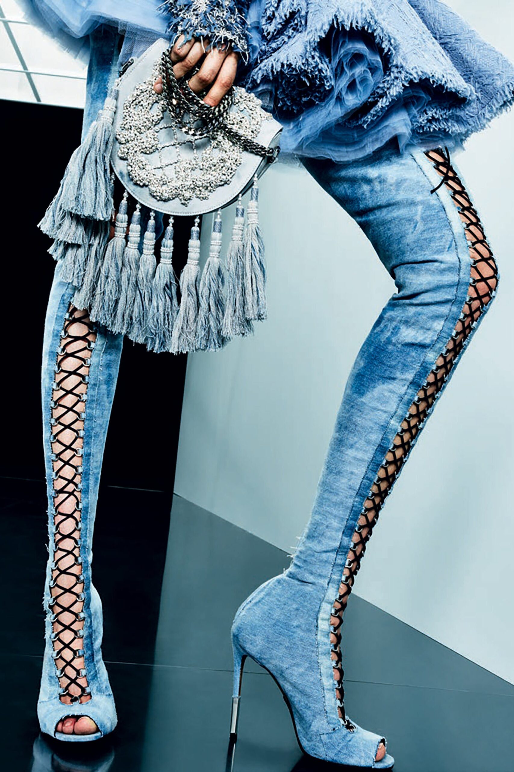 blue denim thigh-high boots with fringed bag