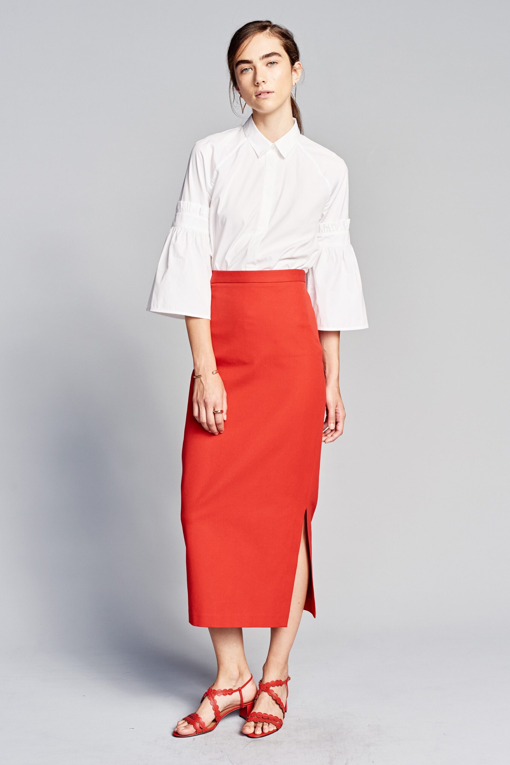 white fitted shirt red midi skirt