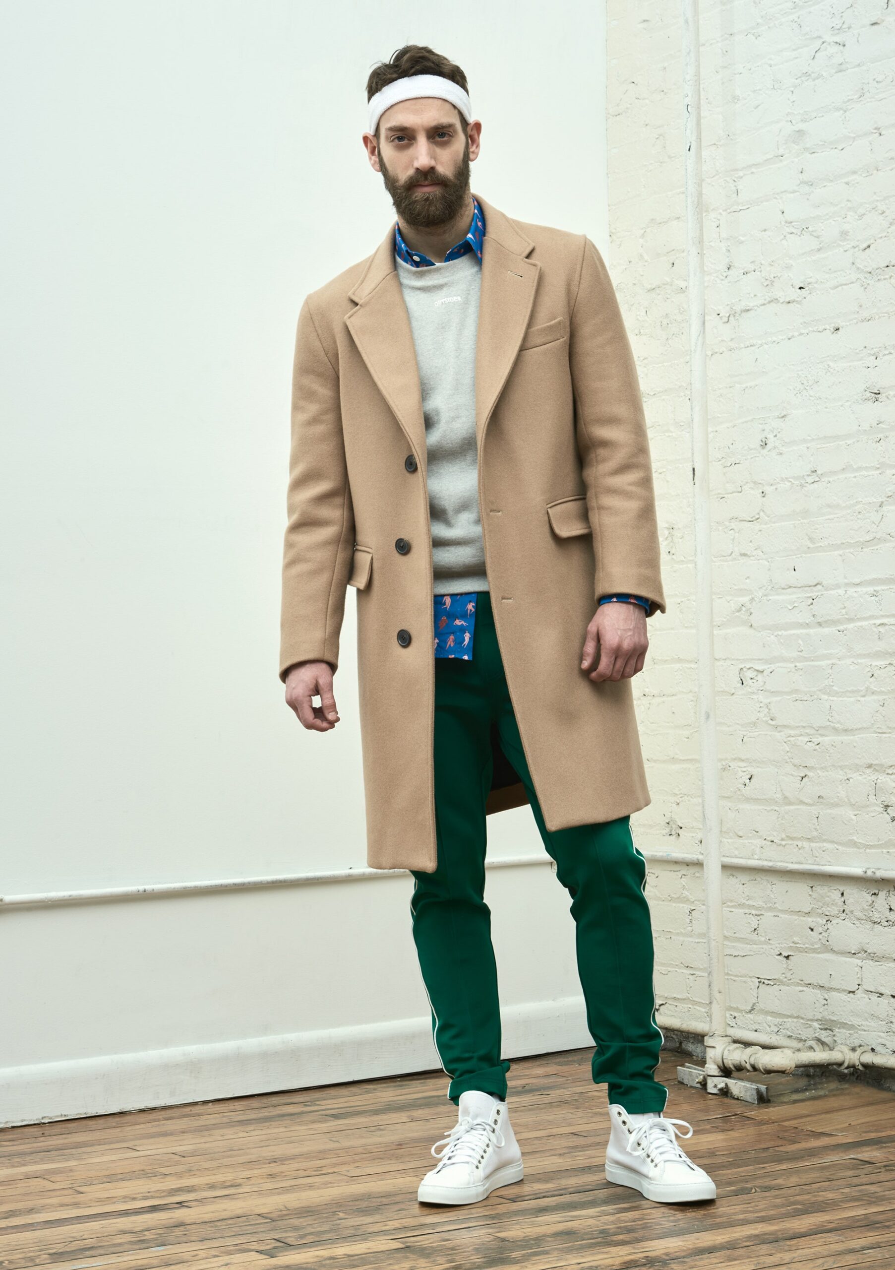 beige wool long-sleeve collared tailored buttoned coat
