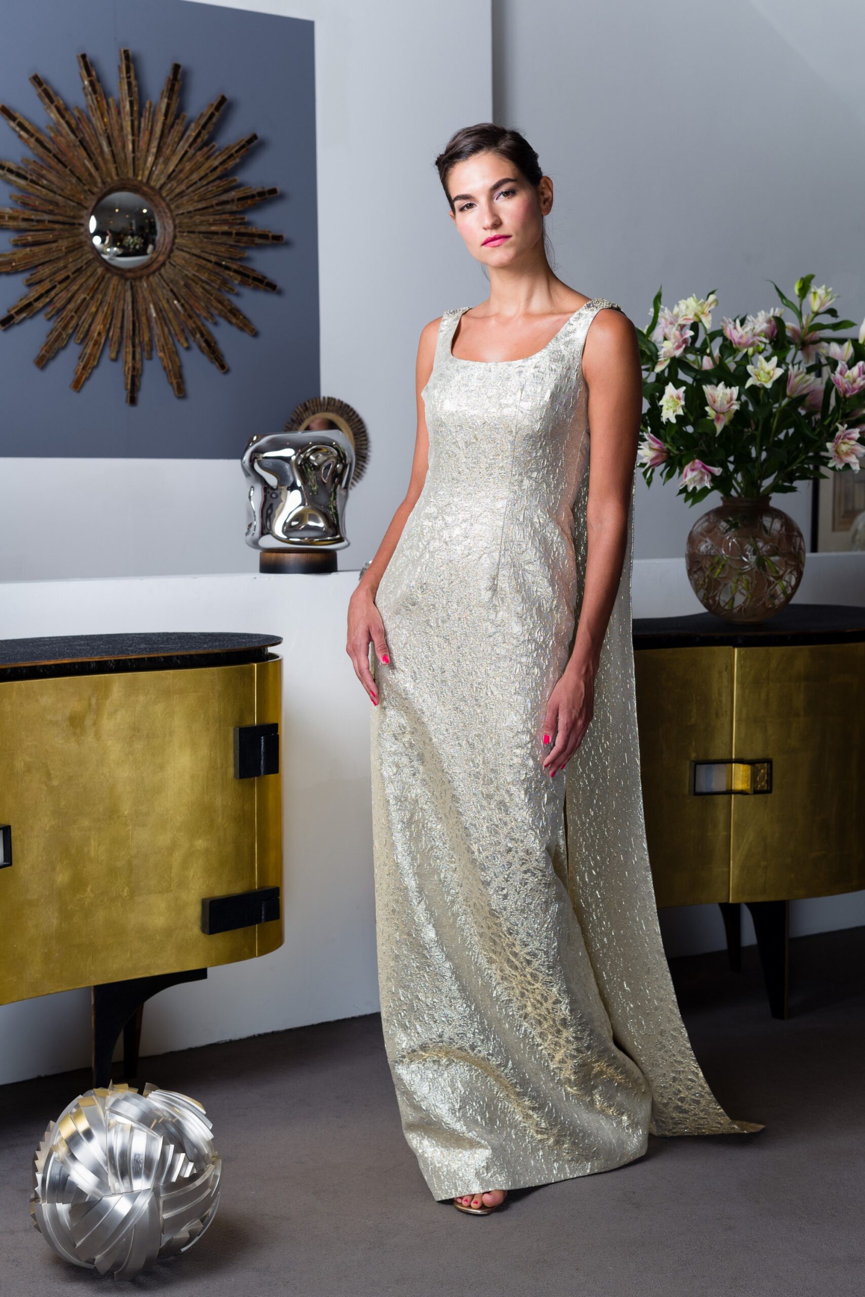 gold silk sleeveless gown
