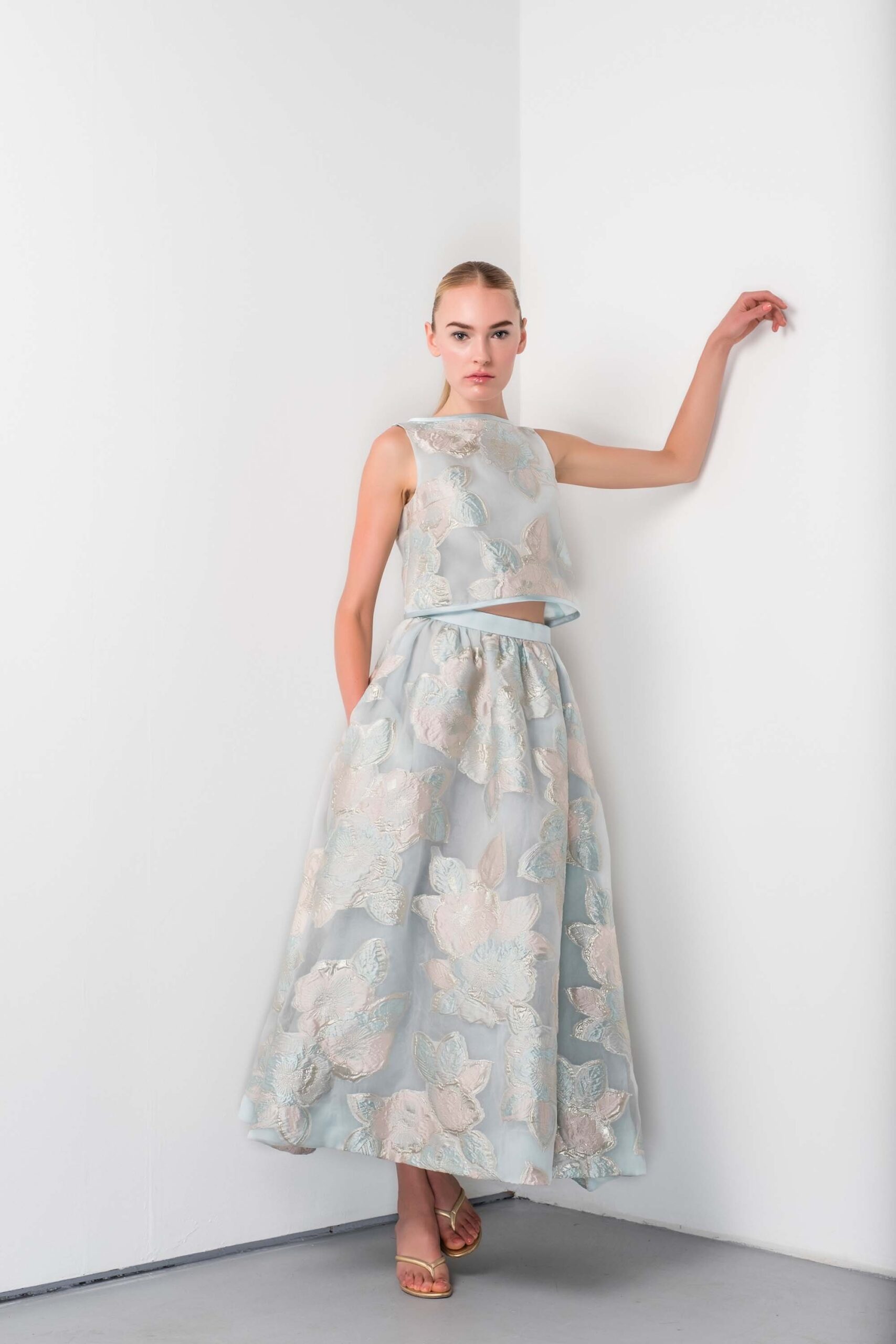 blue embroidered silk top and skirt