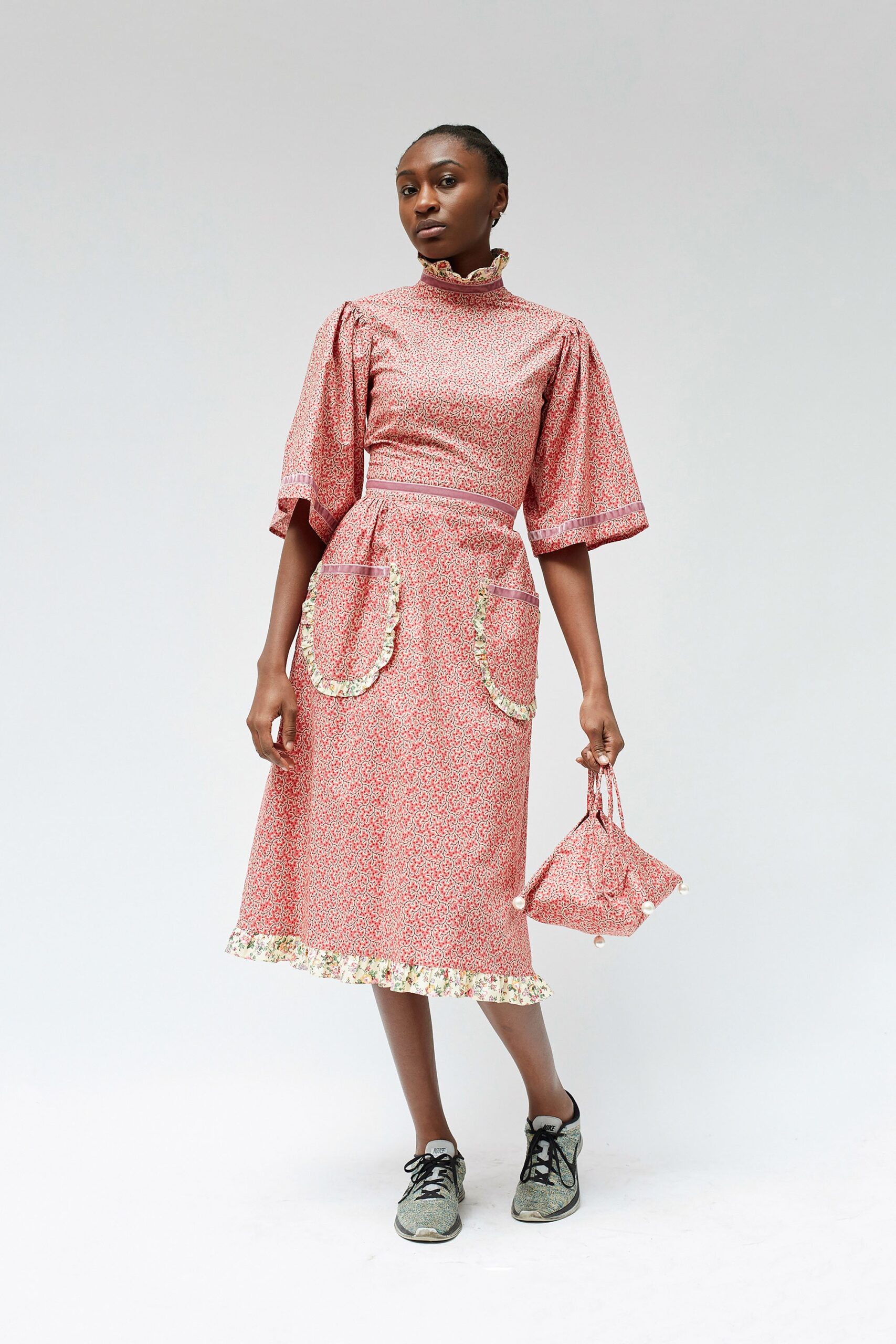 red and white embroidered midi dress