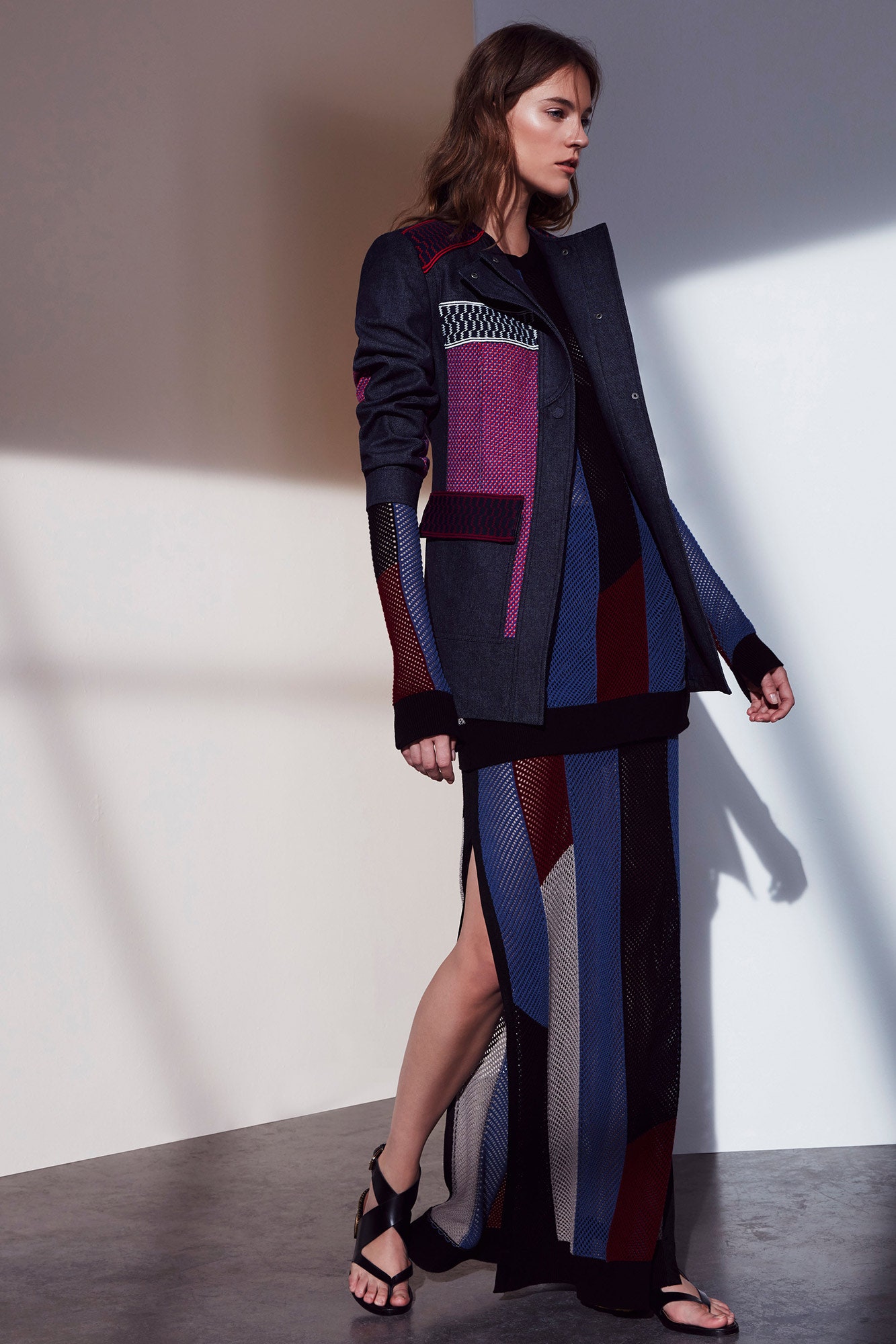 gray denim jacket and black mesh dress