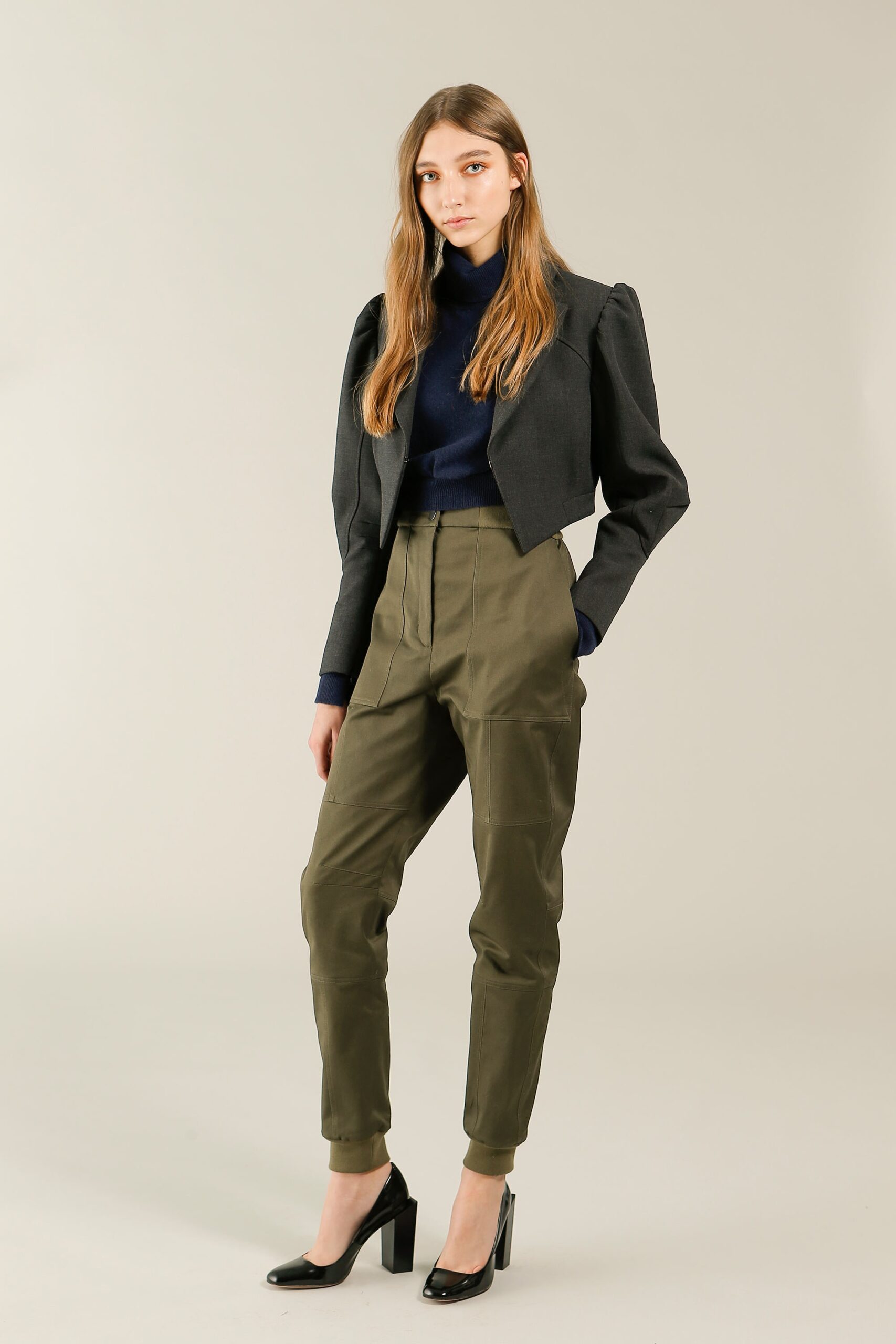 gray cotton long-sleeve collared tailored structured jacket