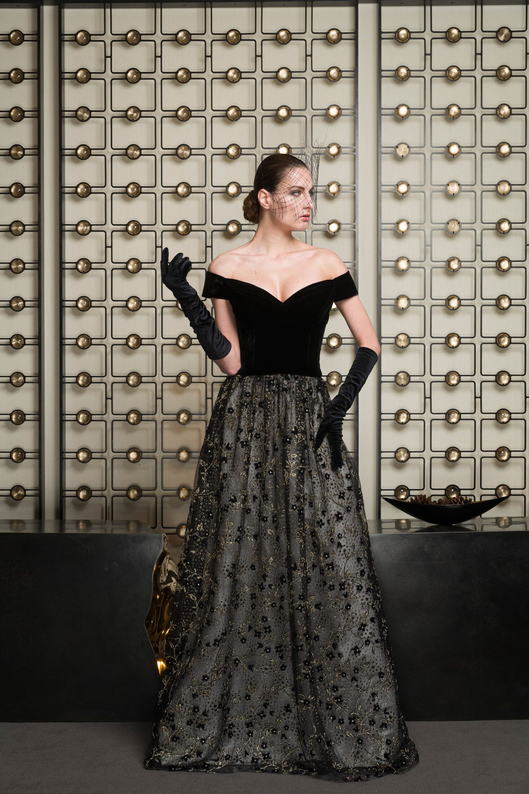 black off-shoulder embellished gown
