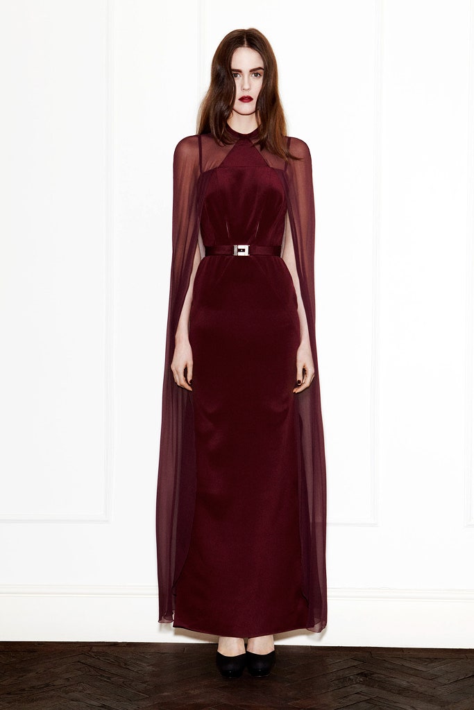 maroon silk long-sleeve high-neck fitted belted flowing gown