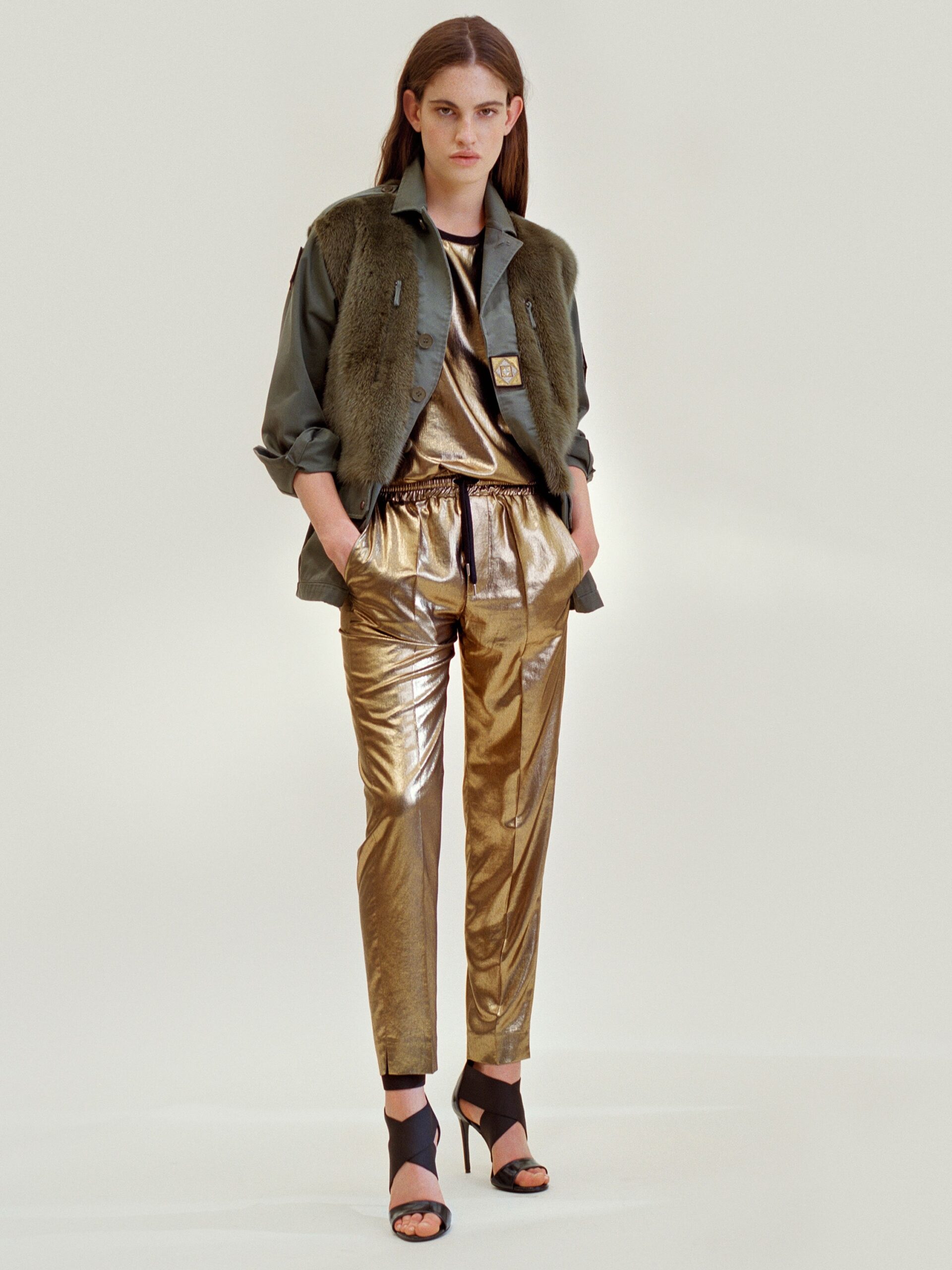 gold vinyl fitted straight-leg shiny pants