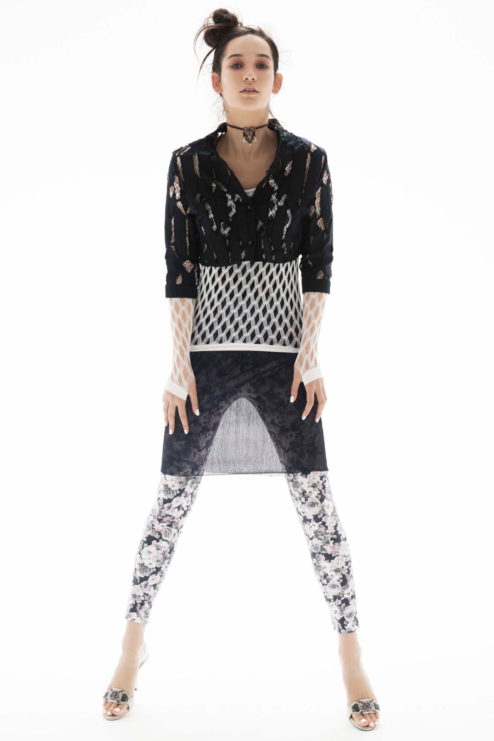 black and white printed top with mini skirt