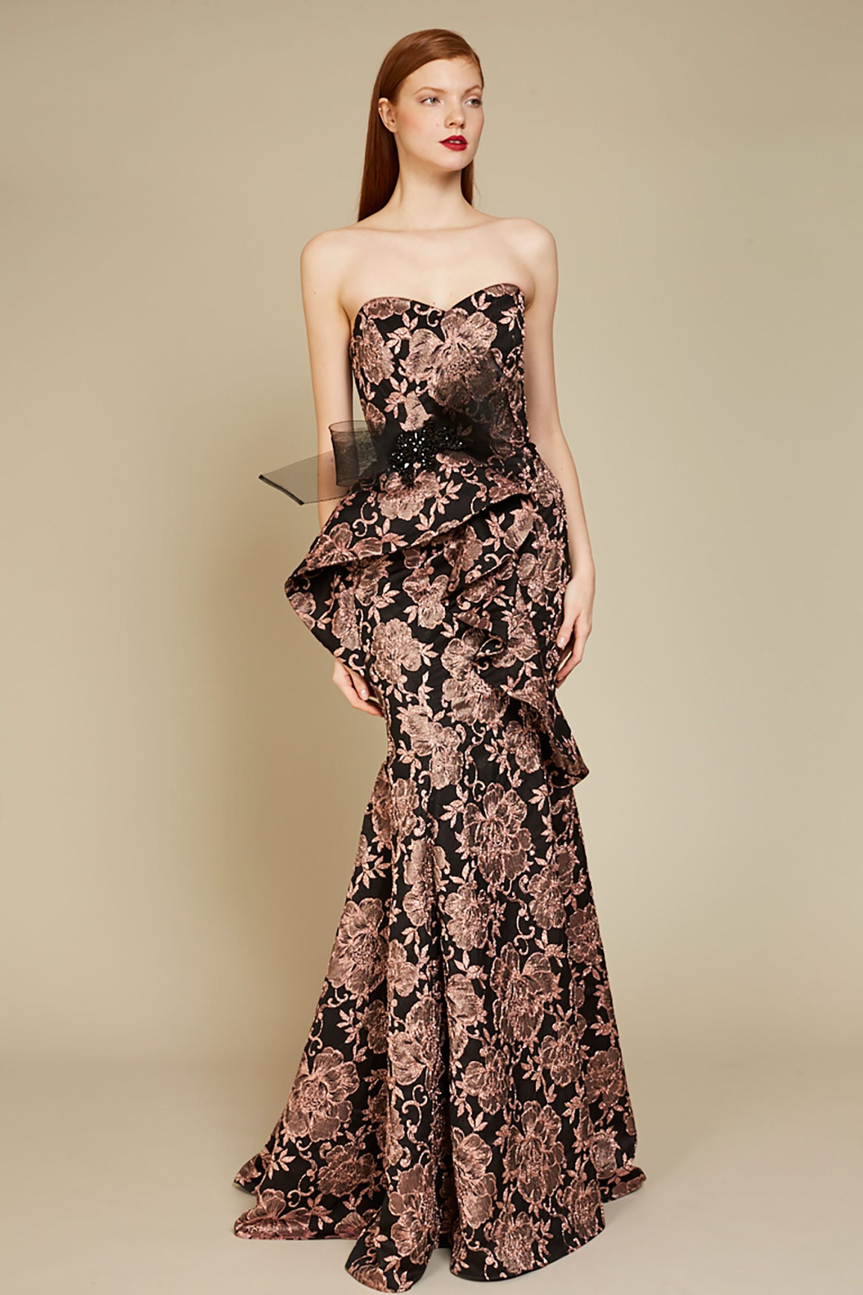 black and pink strapless gown