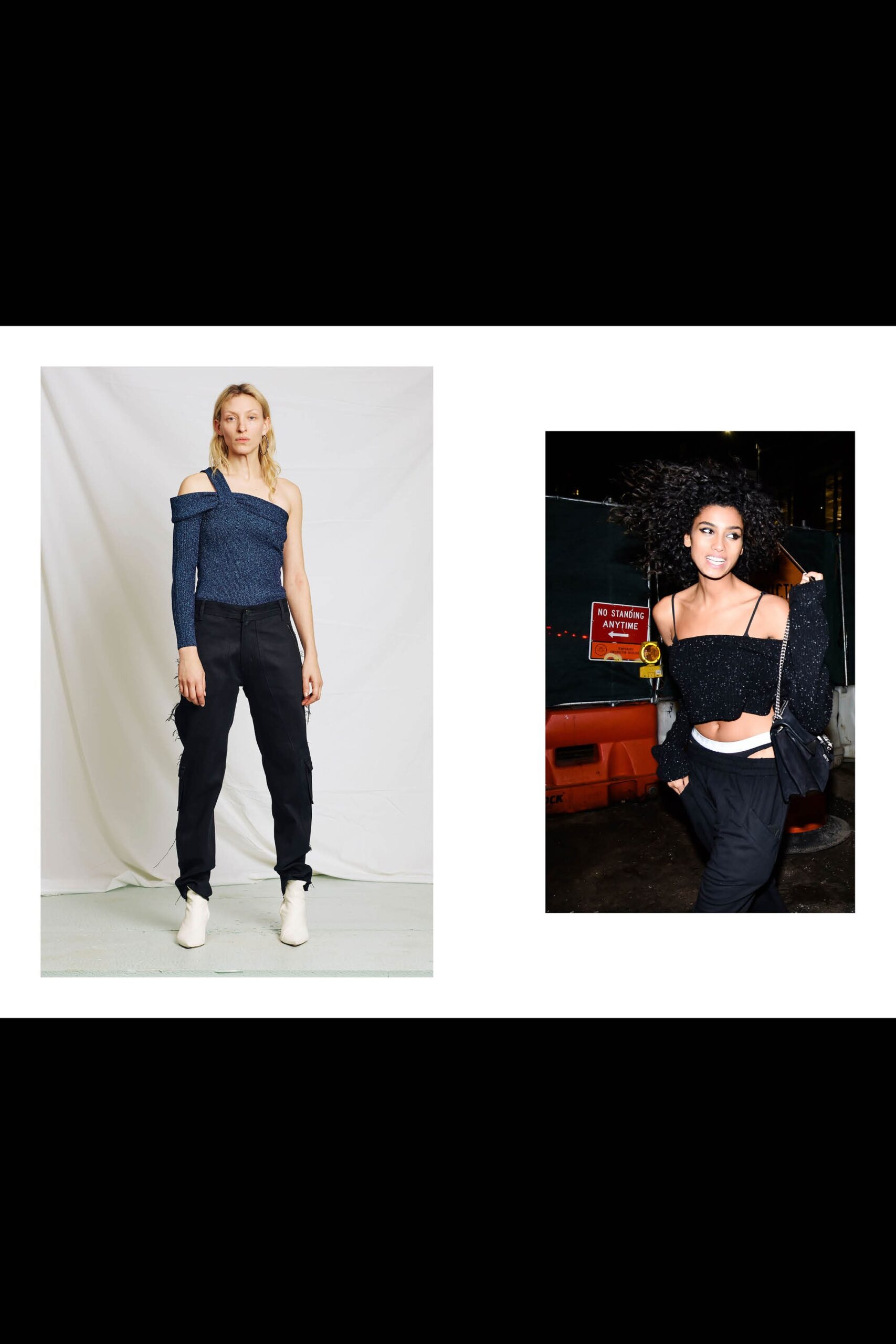 blue fitted off-shoulder top with black pants