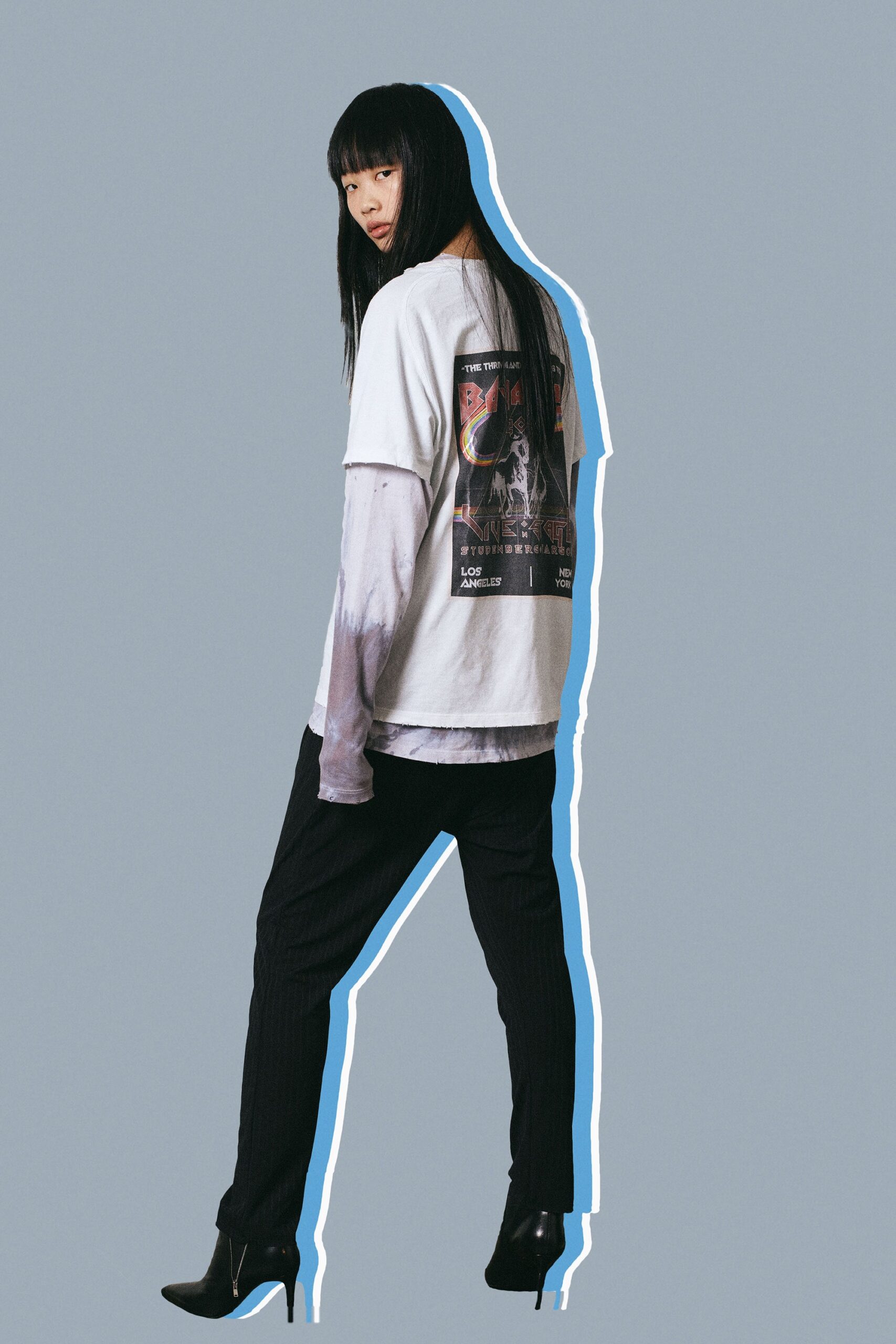 white long-sleeve t-shirt with black tailored pants