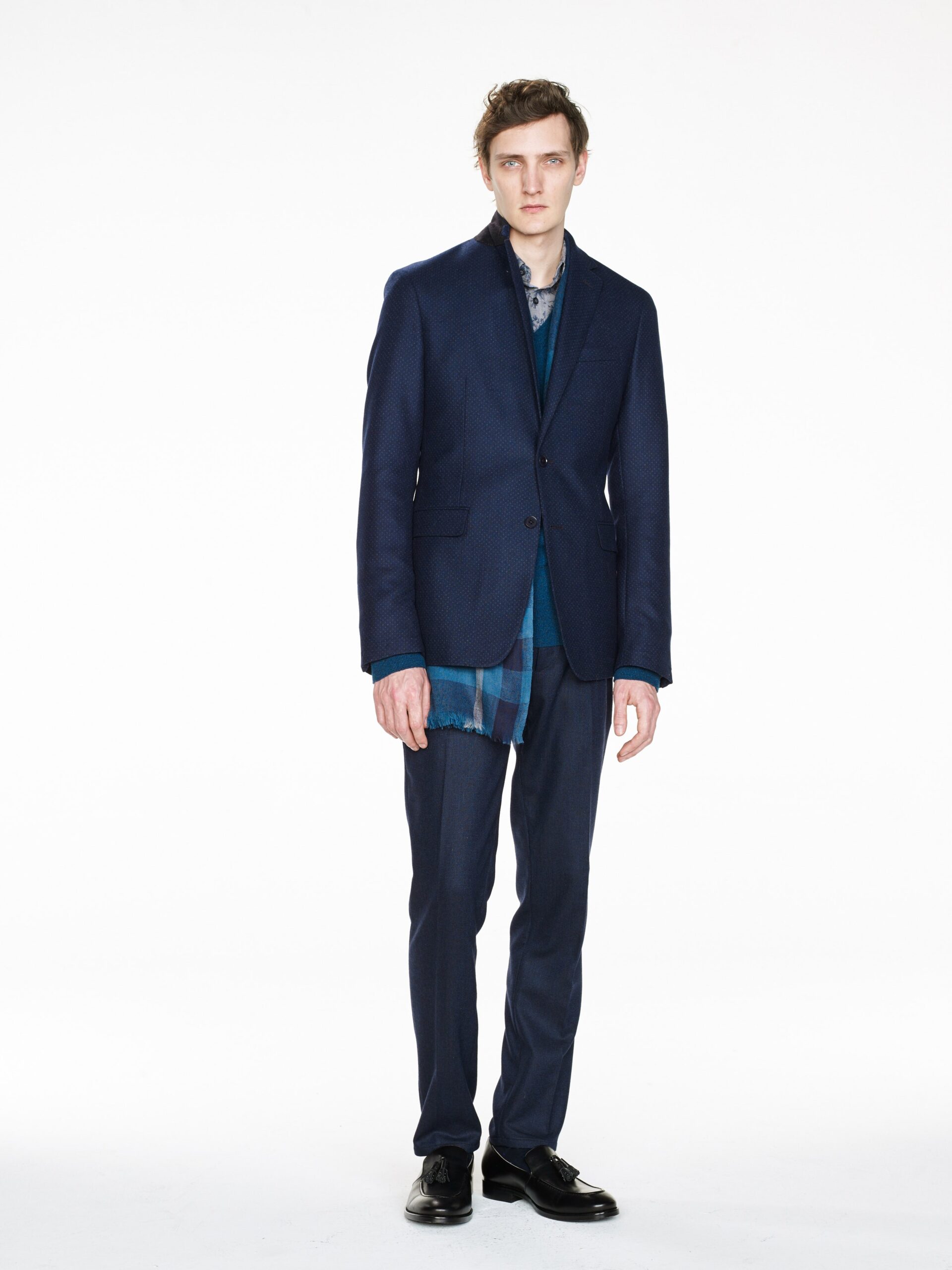 blue tailored suit with checked shirt