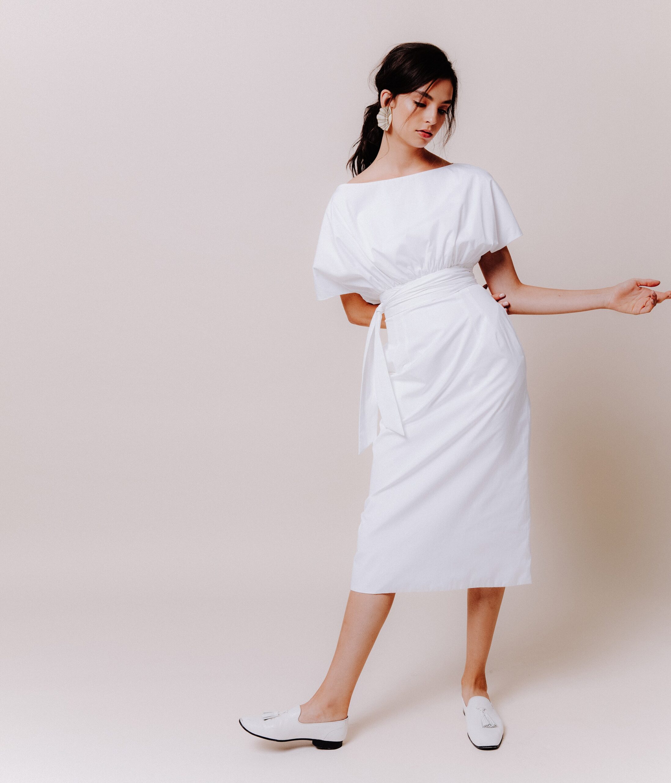 white belted midi dress