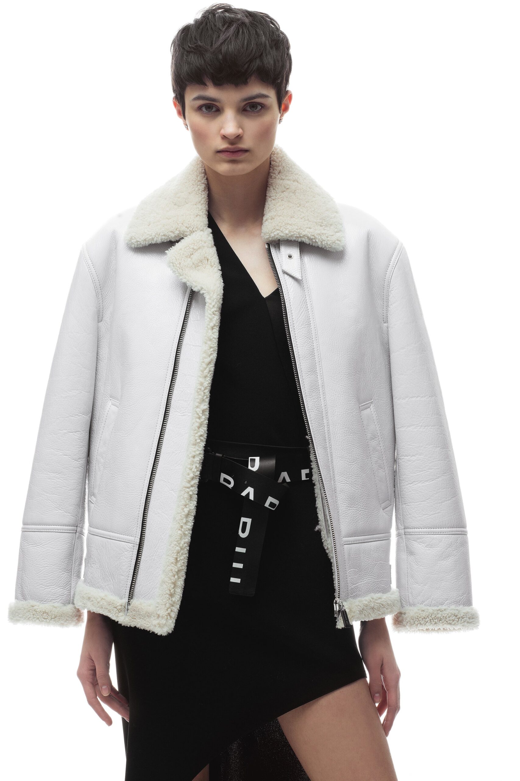 white leather long-sleeve collared relaxed zippered jacket