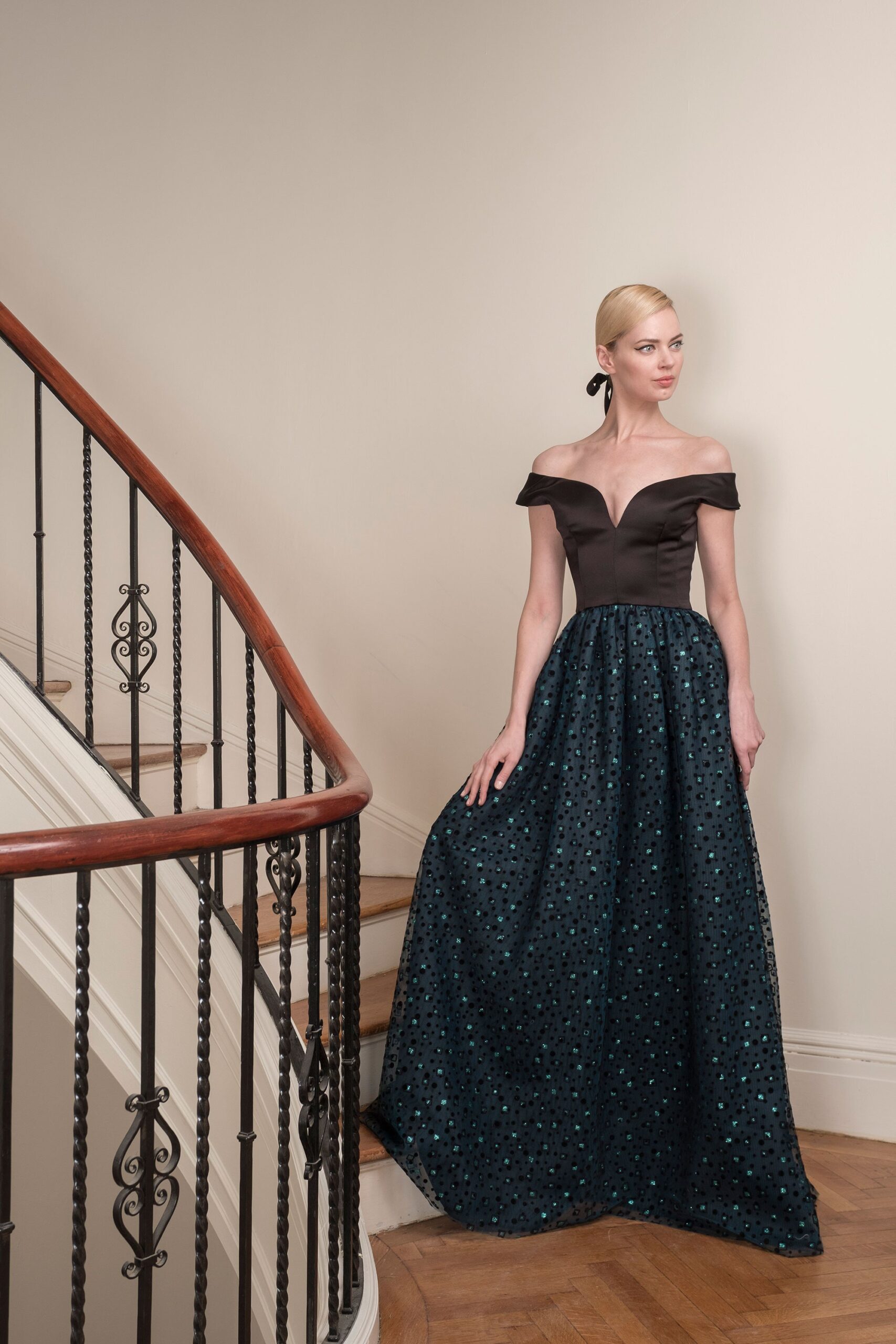 off-shoulder black and blue gown