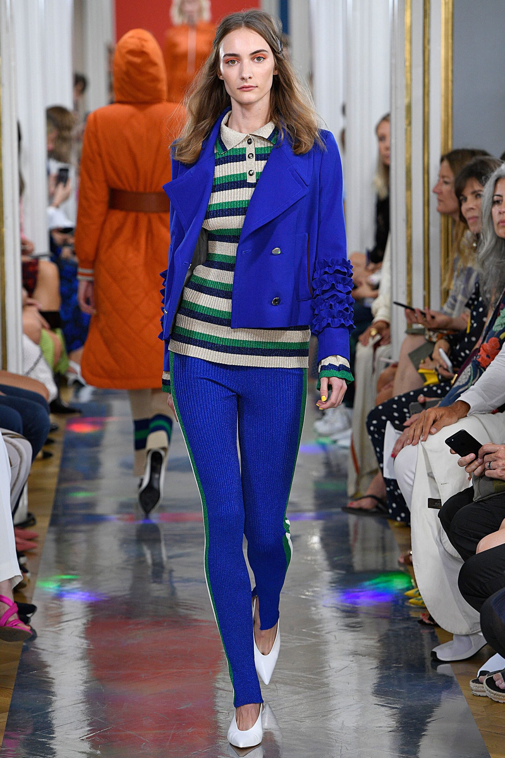 blue fitted jacket with striped top