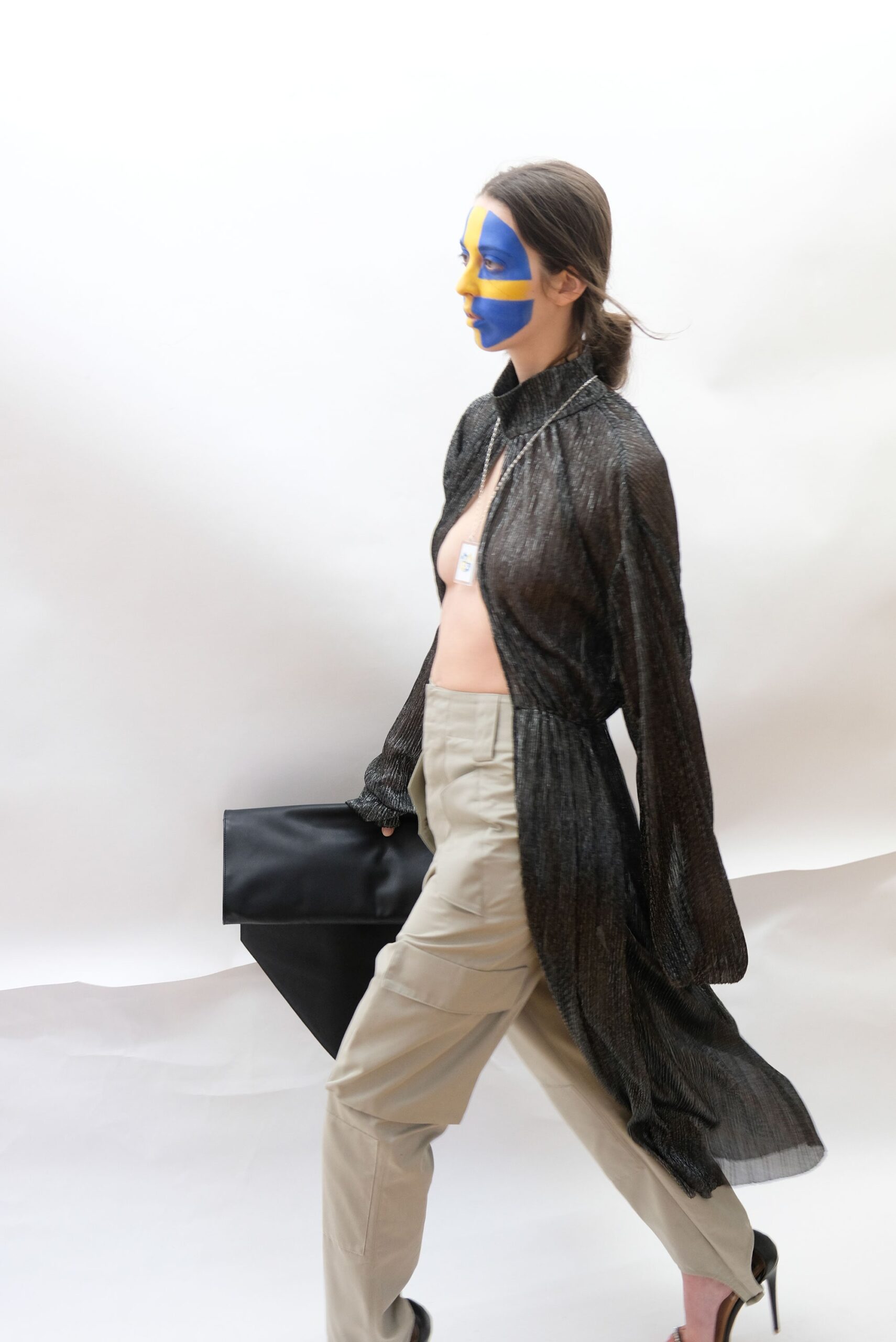 black silk long-sleeve collared relaxed draped flowing coat