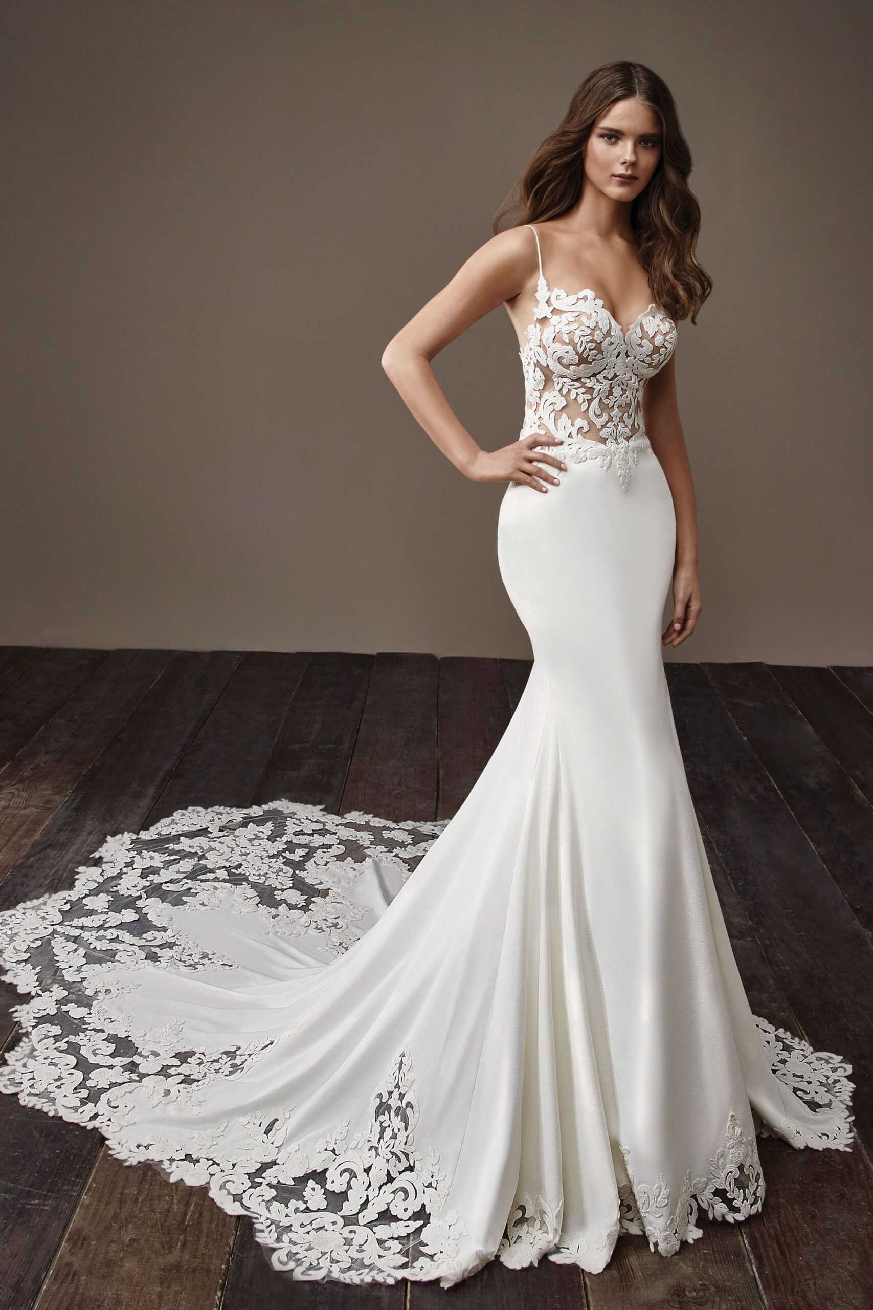 white silk embroidered gown