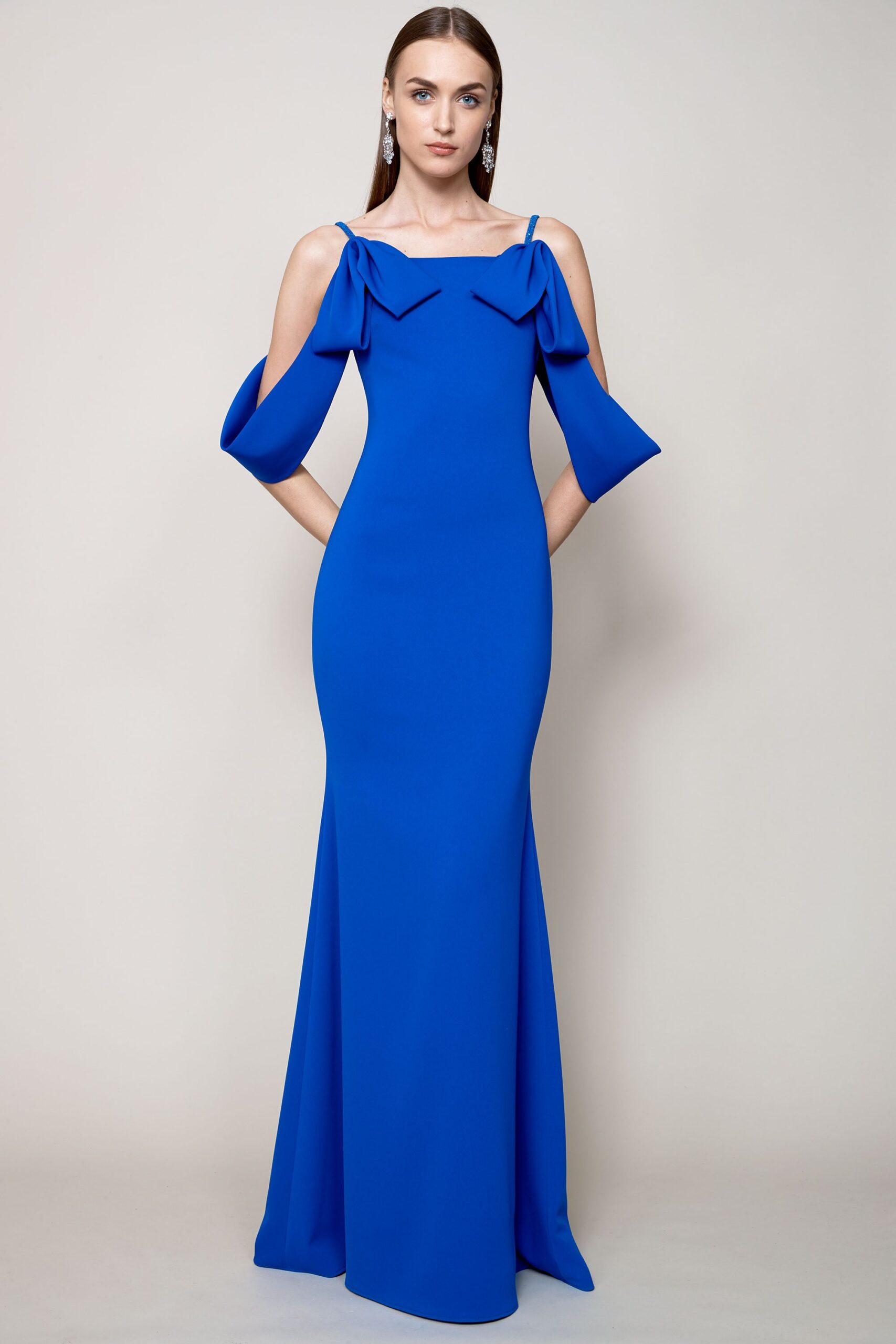blue silk off-shoulder gown