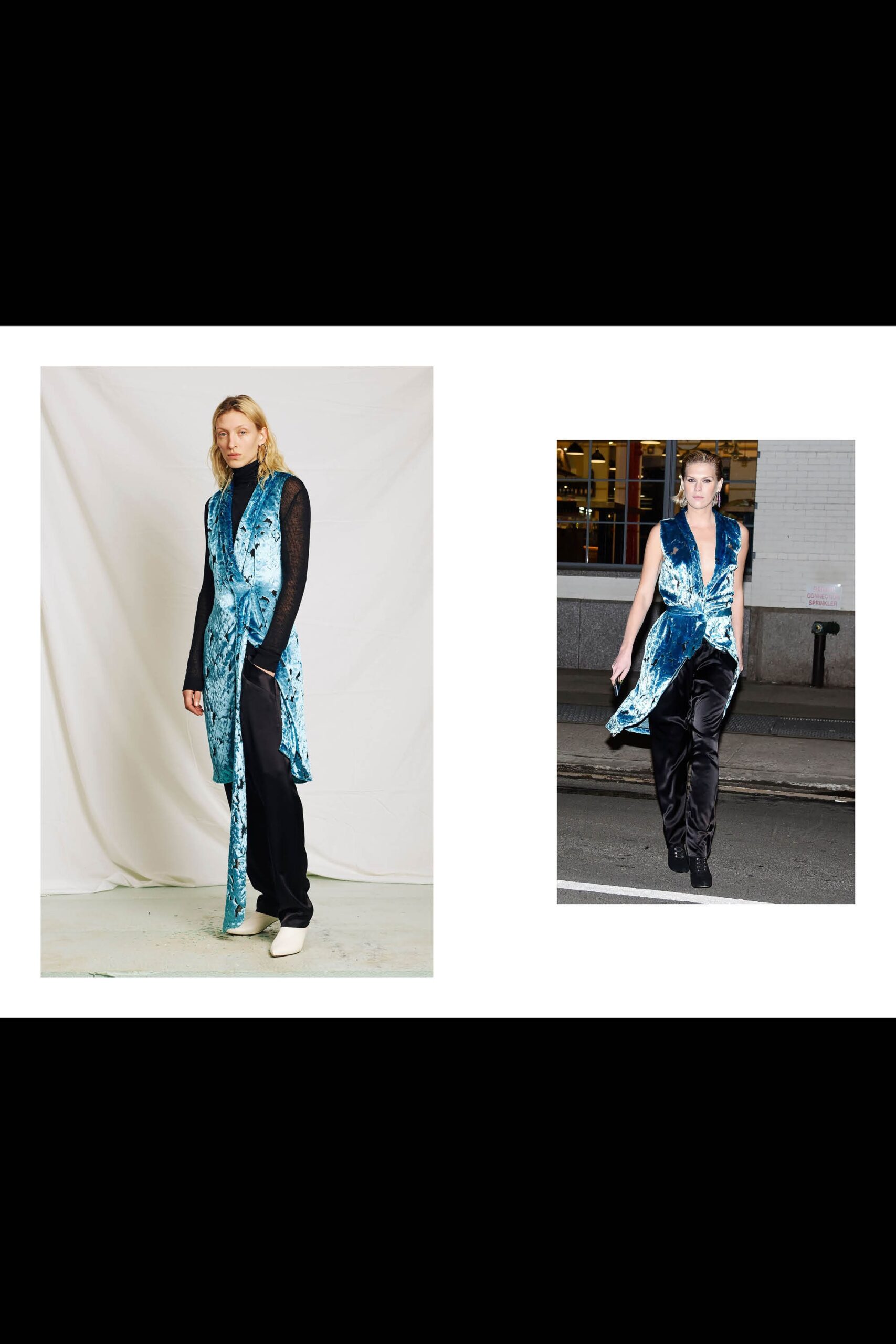blue velvet sleeveless v-neck fitted draped shiny jacket