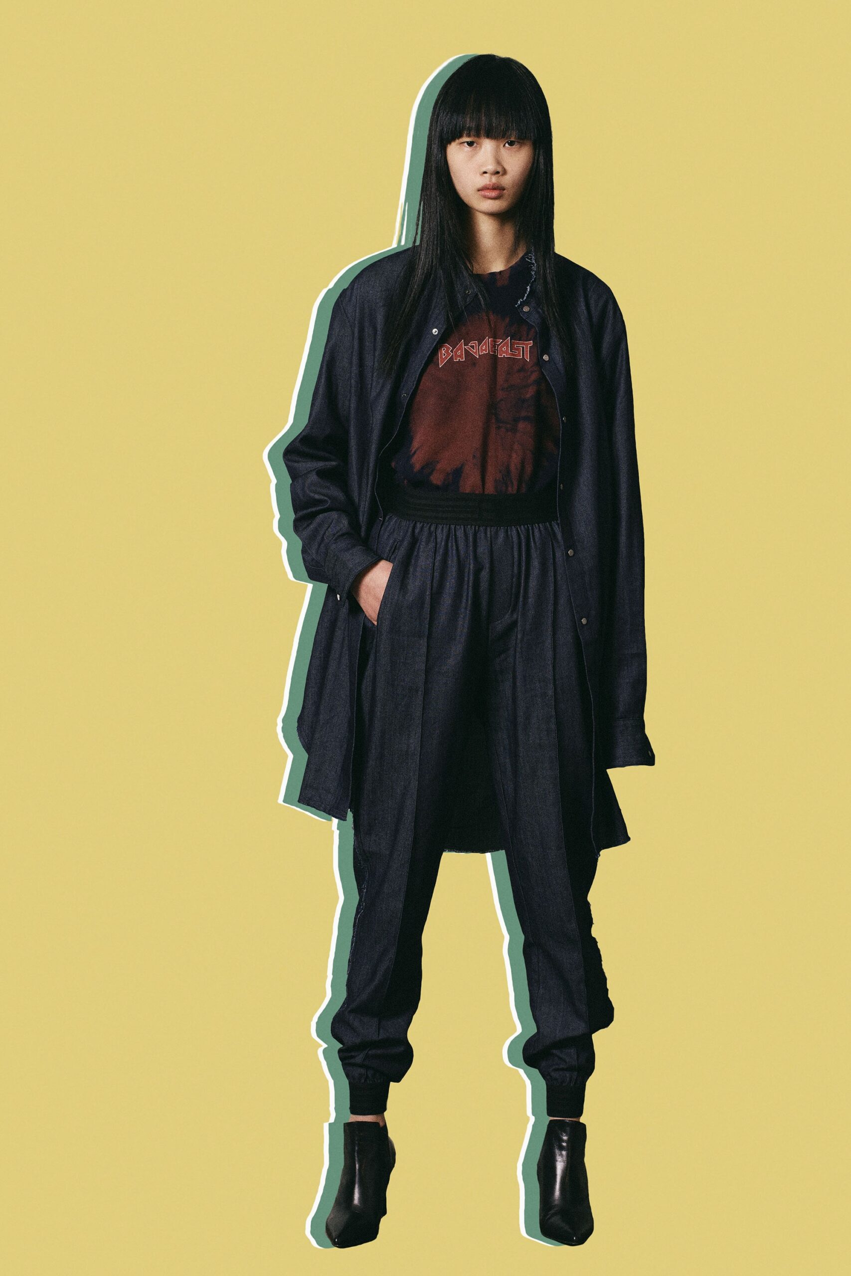 blue denim shirt-dress with relaxed pants