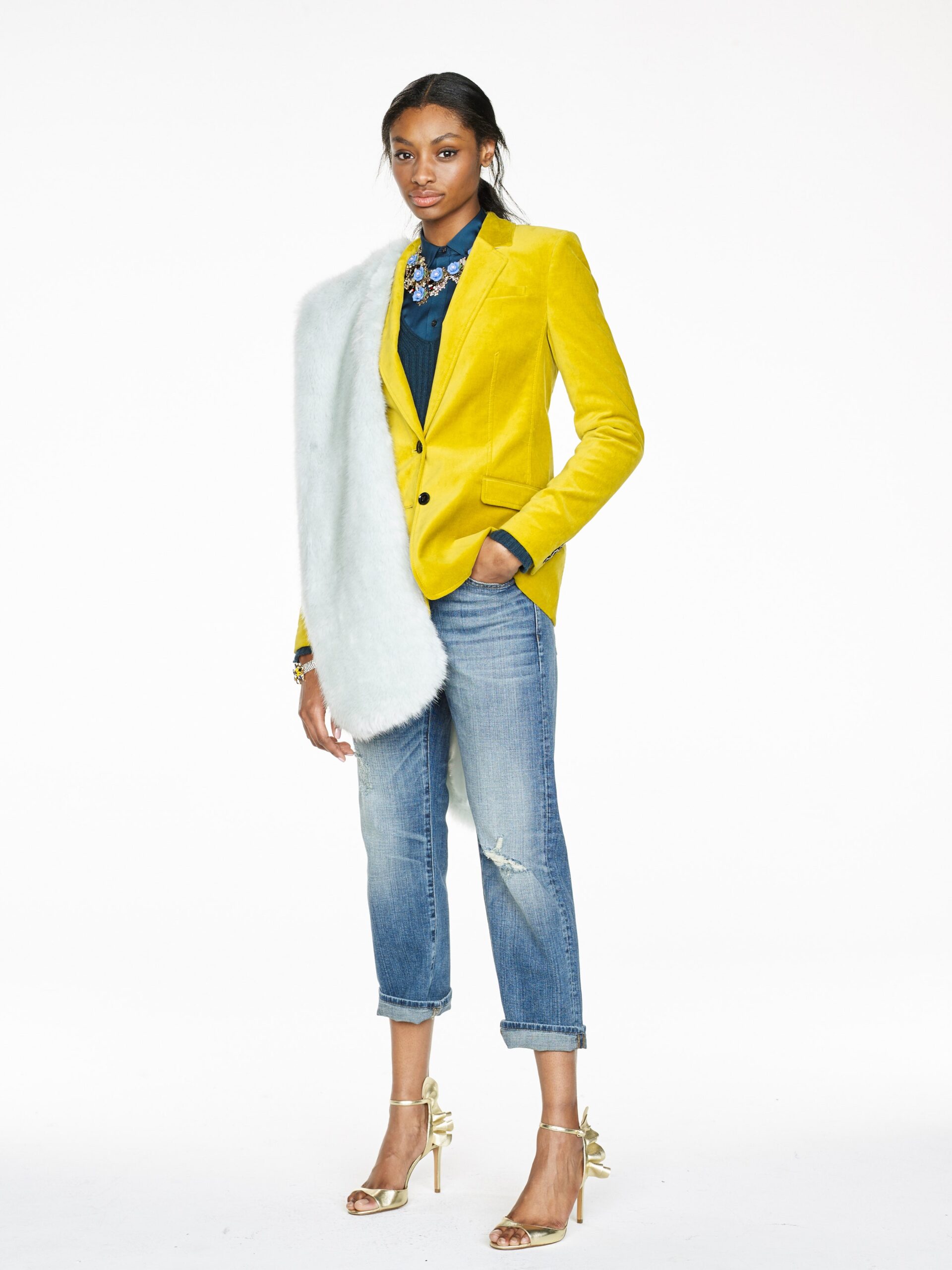 yellow velvet tailored blazer