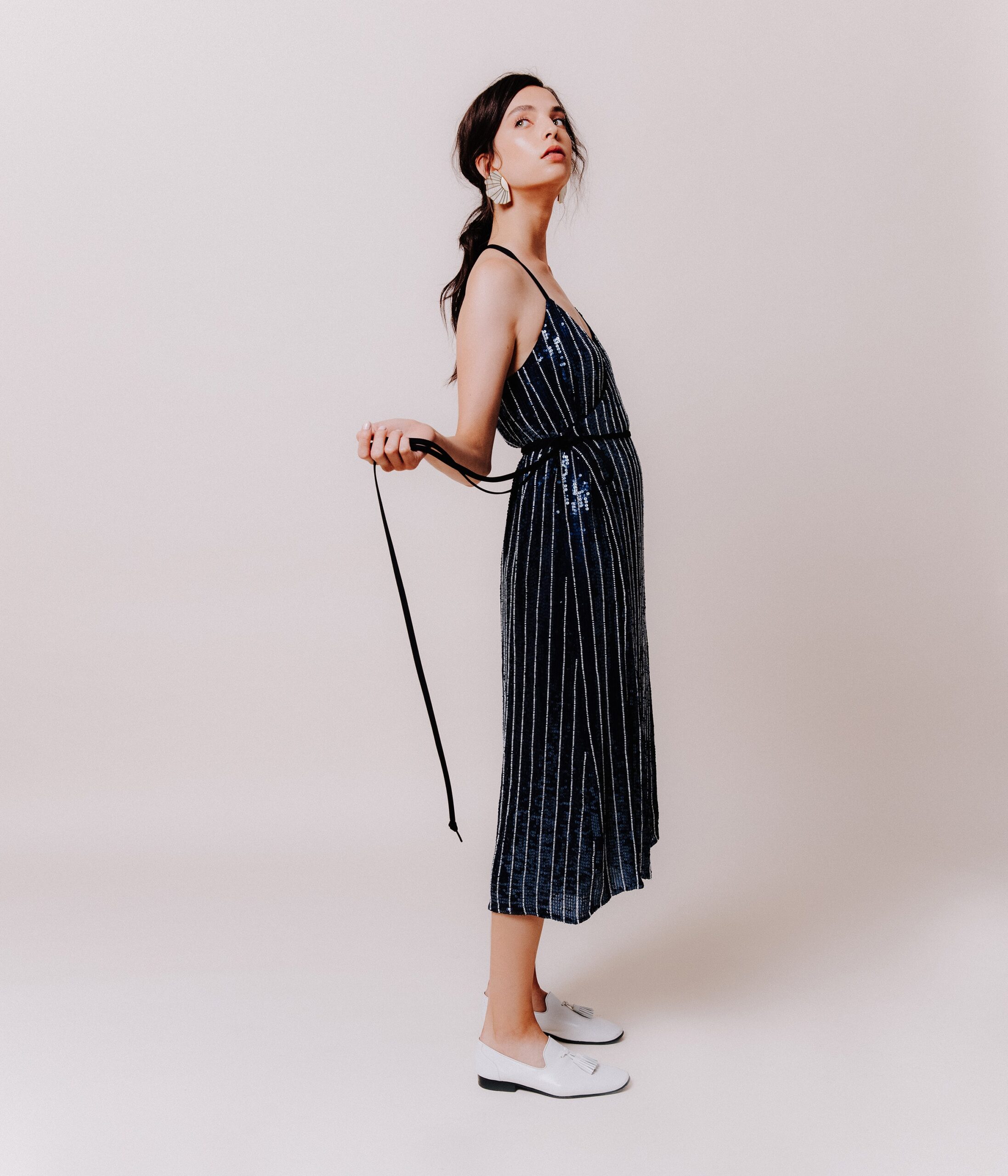 blue velvet sleeveless v-neck fitted striped shiny dress