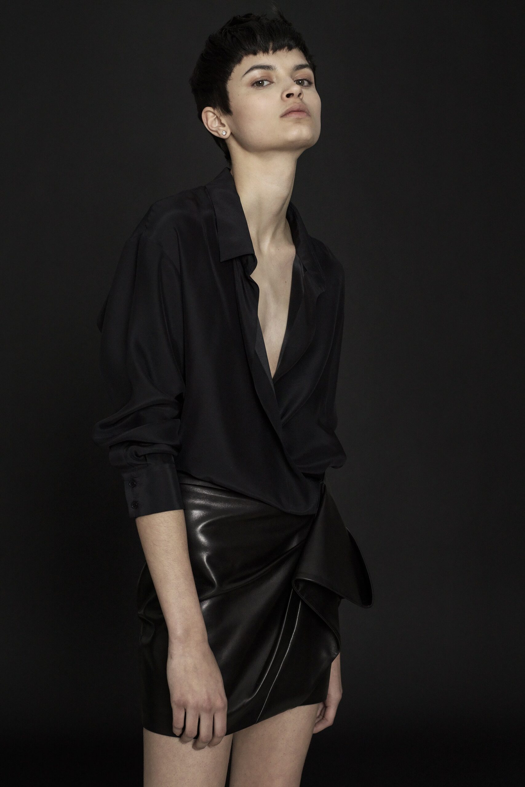black silk shirt and leather skirt