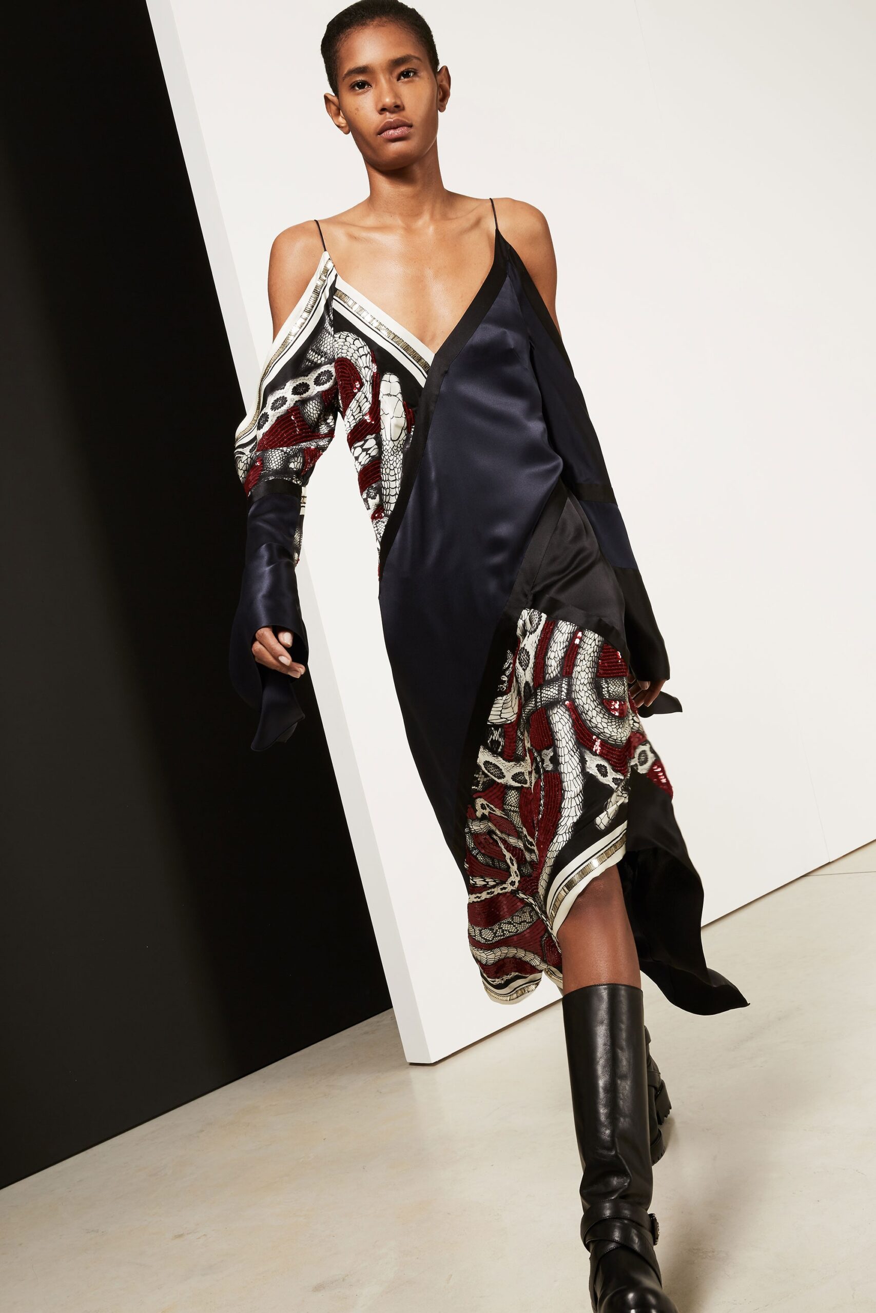 black silk embroidered midi dress