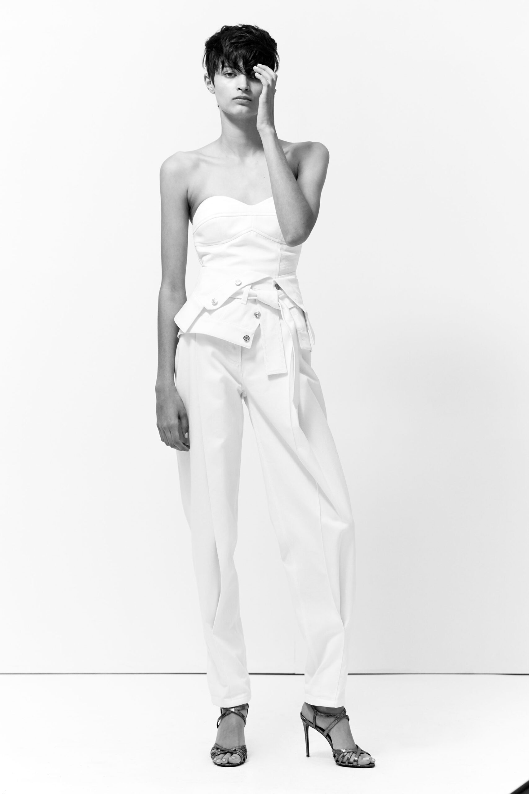 white strapless top with wide-leg pants