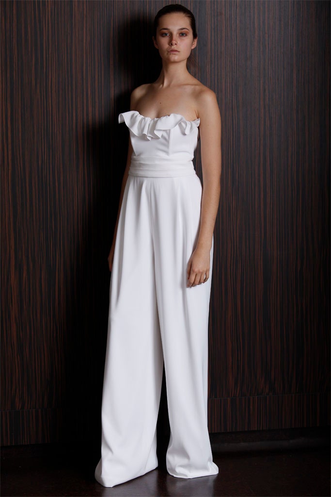 white strapless ruffled jumpsuit