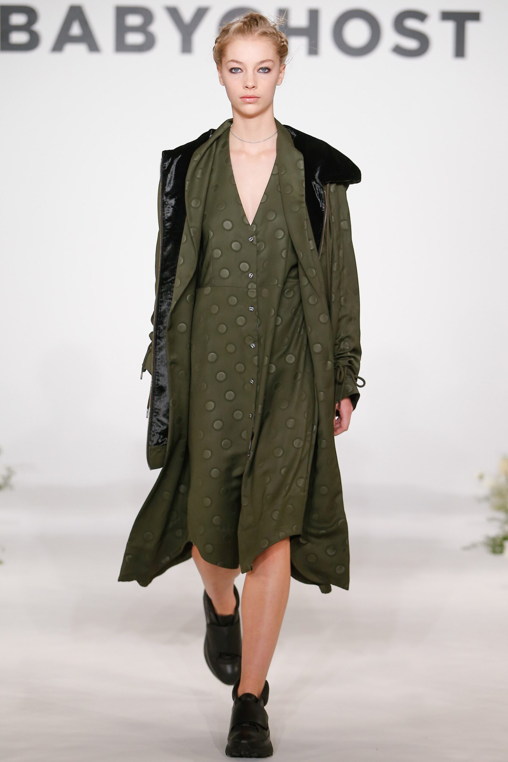 green cotton sleeveless v-neck relaxed draped polka-dot dress