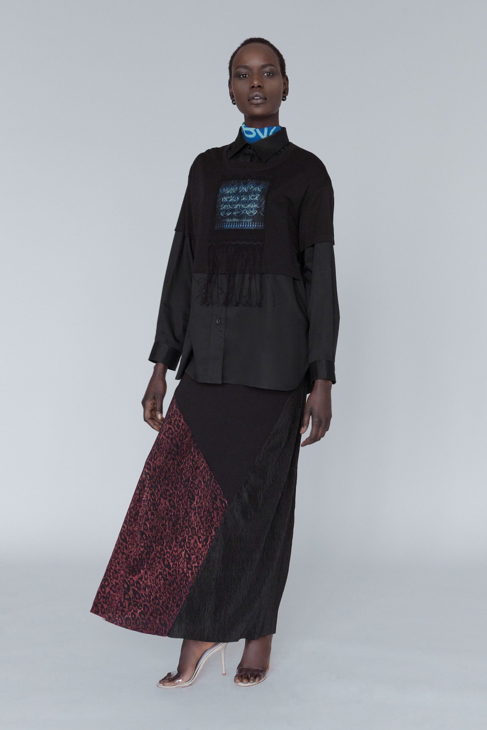 black cotton long-sleeve collared relaxed fringed shirt