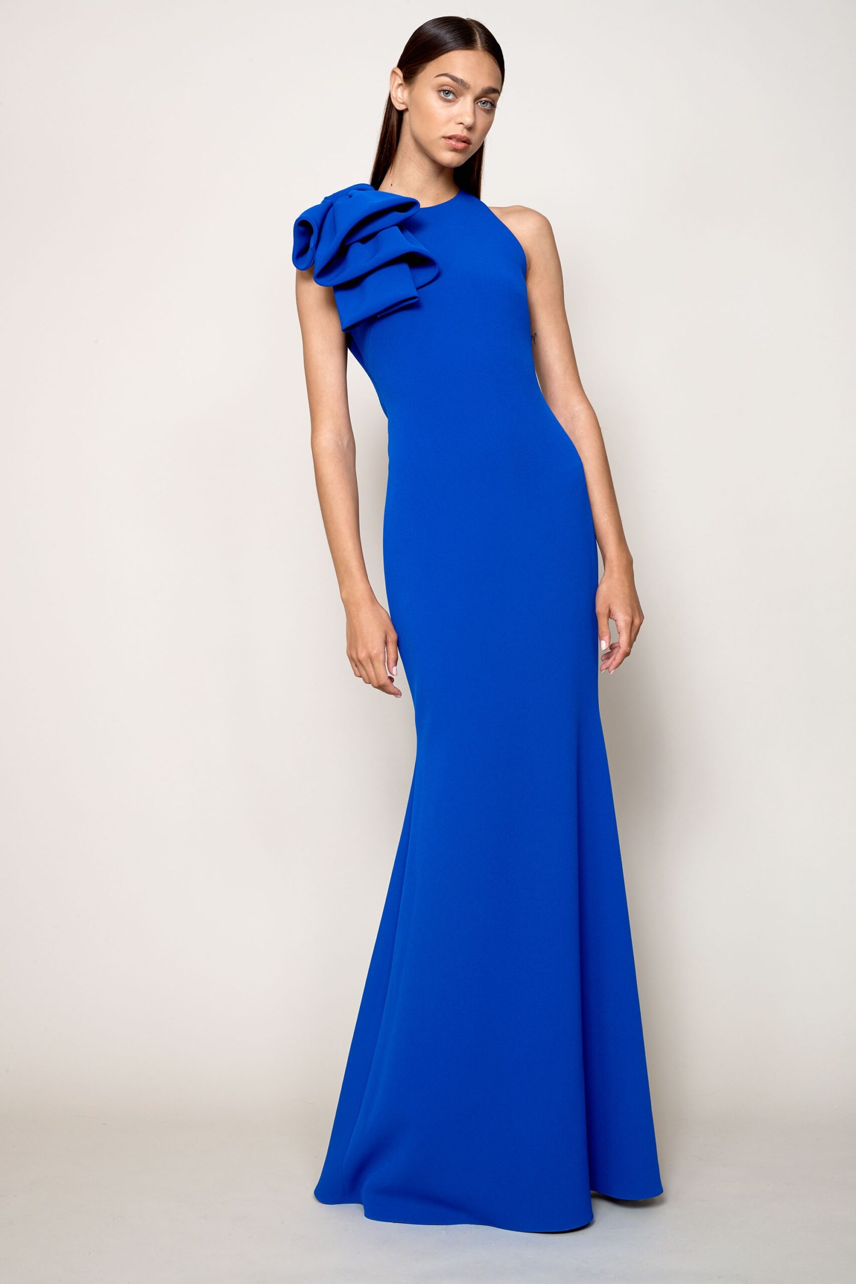 blue silk fitted gown