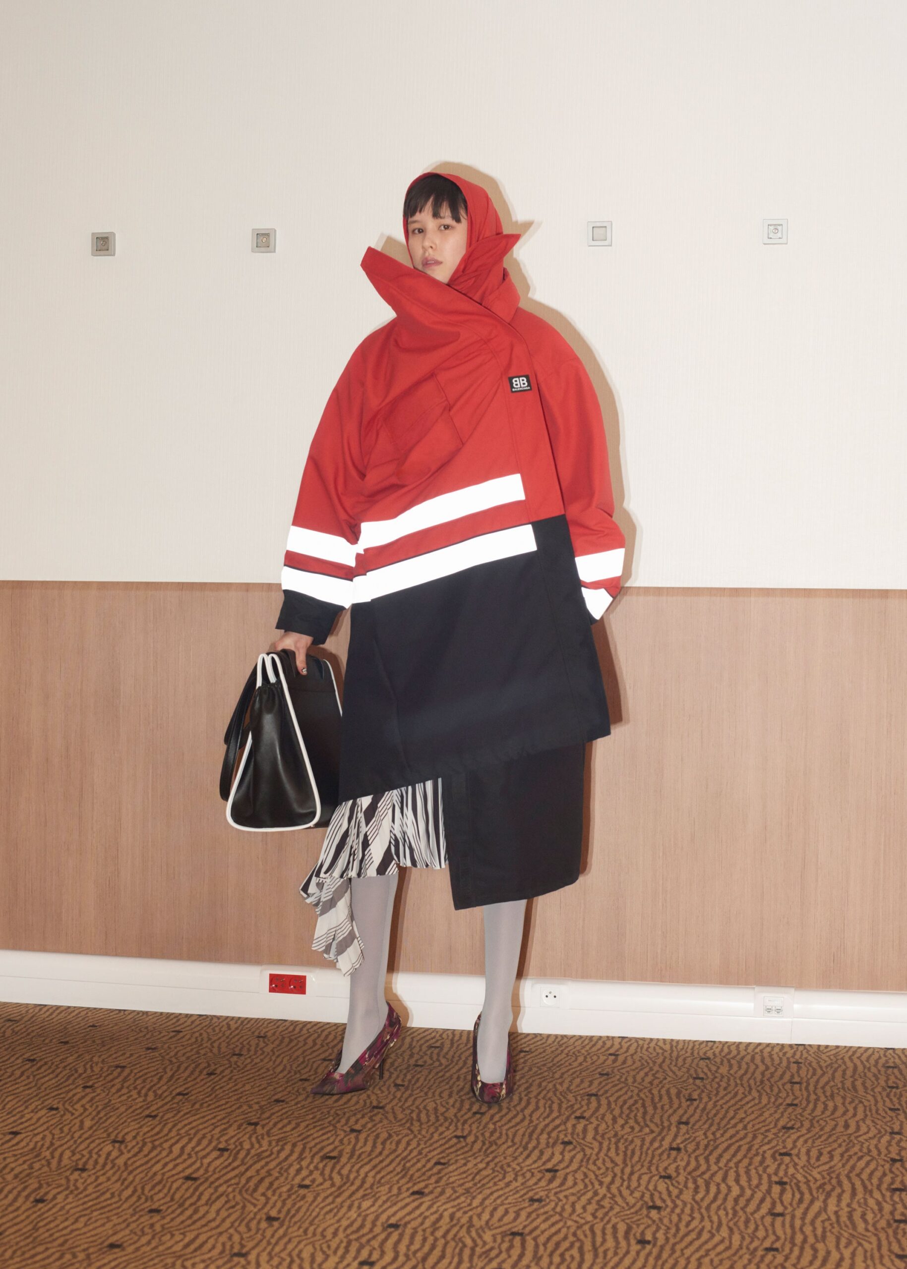red long-sleeve high-neck oversized layered coat