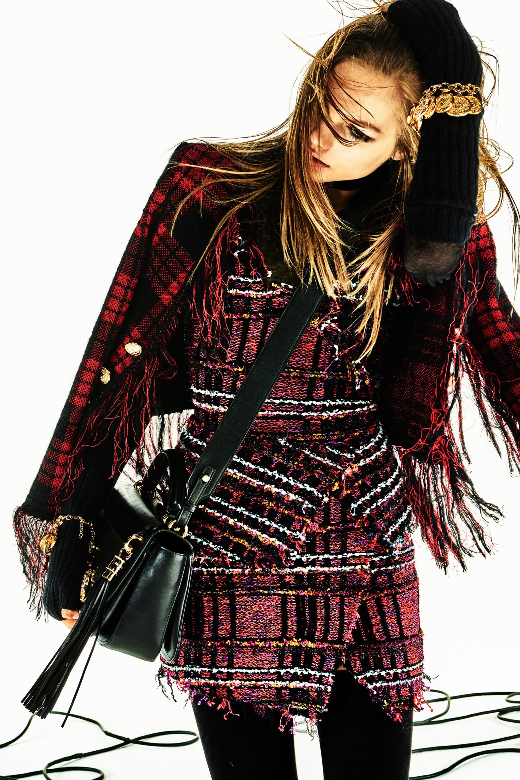 red tweed jacket with pink dress