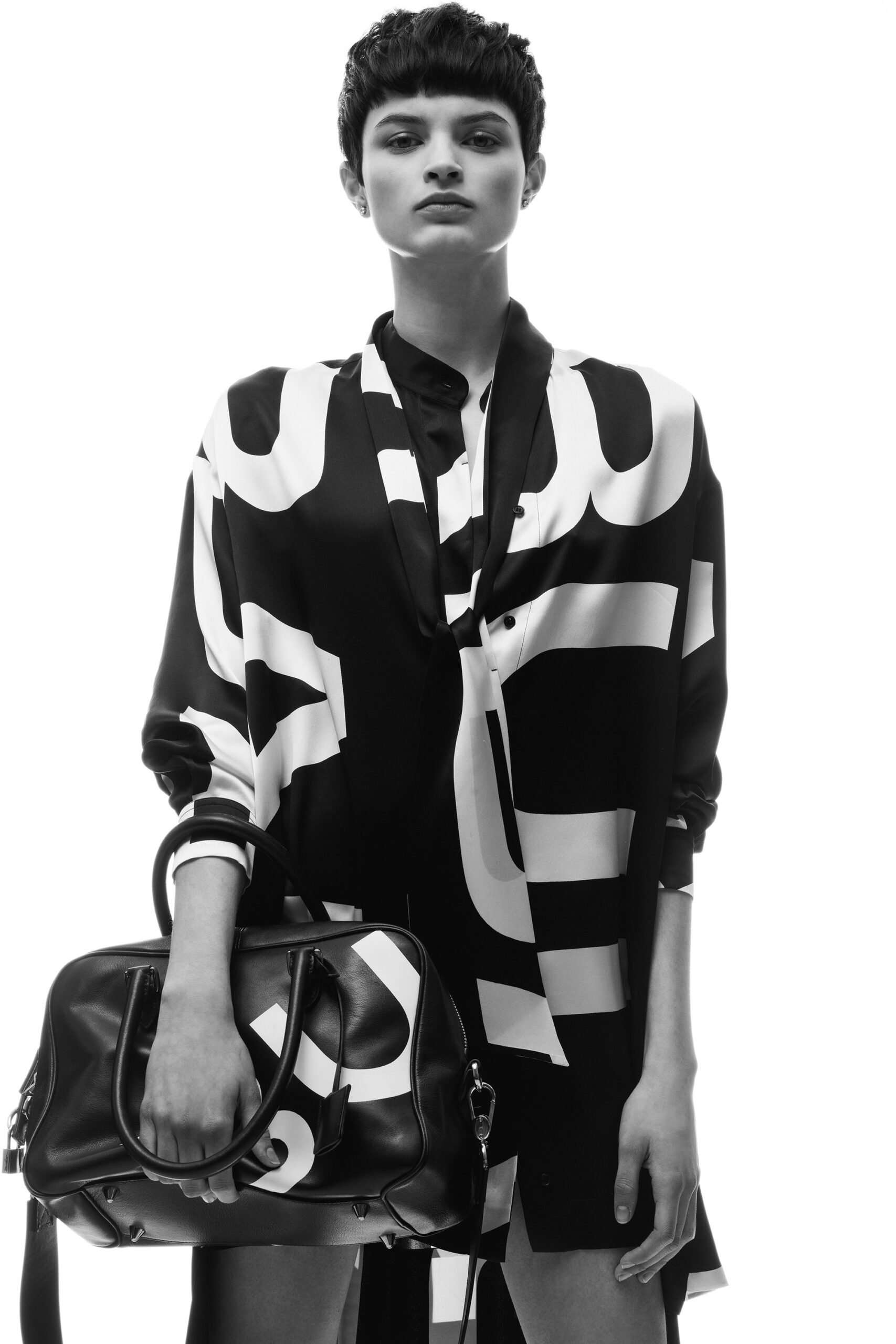 black silk long-sleeve collared relaxed printed short shirt-dress