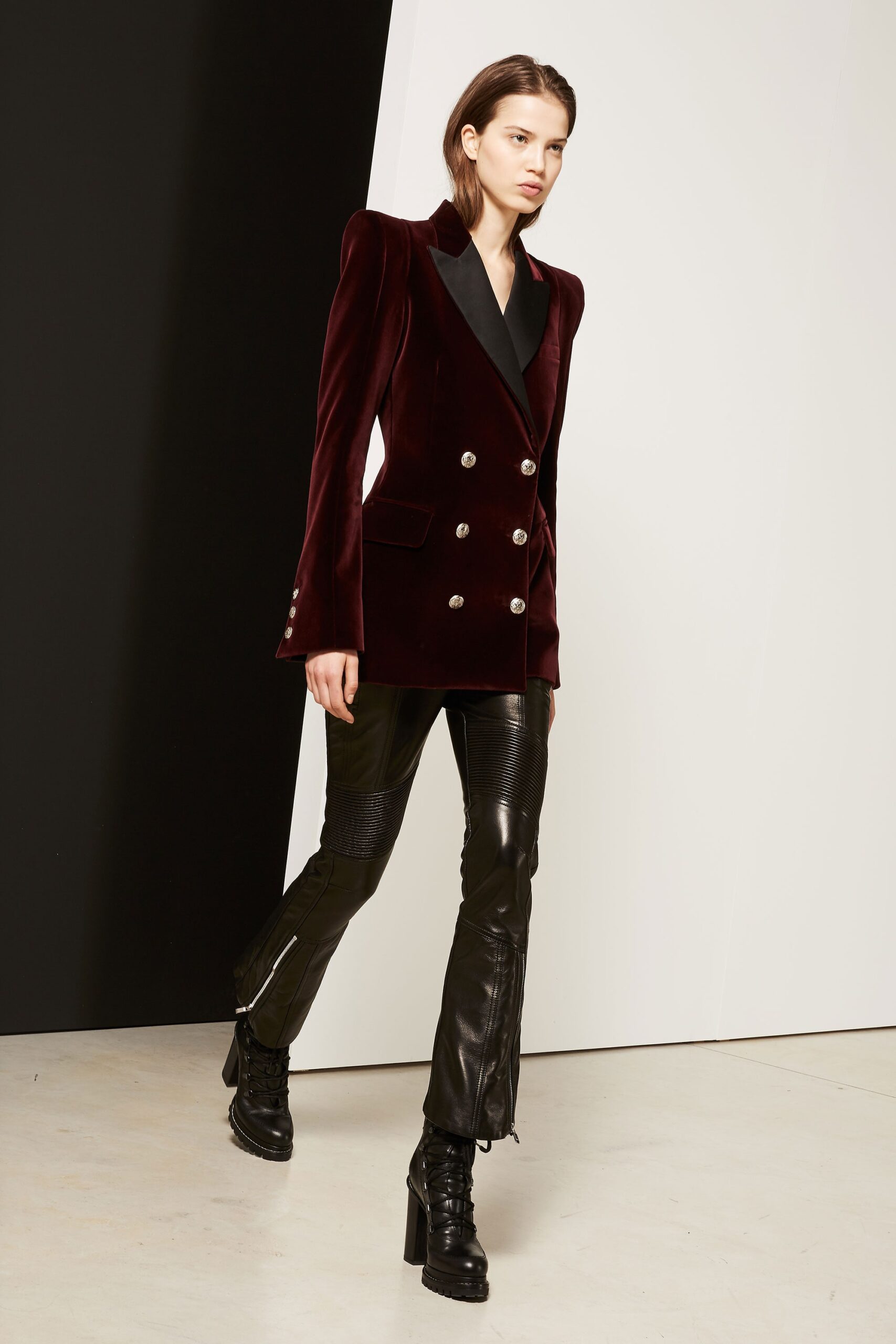 red velvet long-sleeve collared structured buttoned blazer