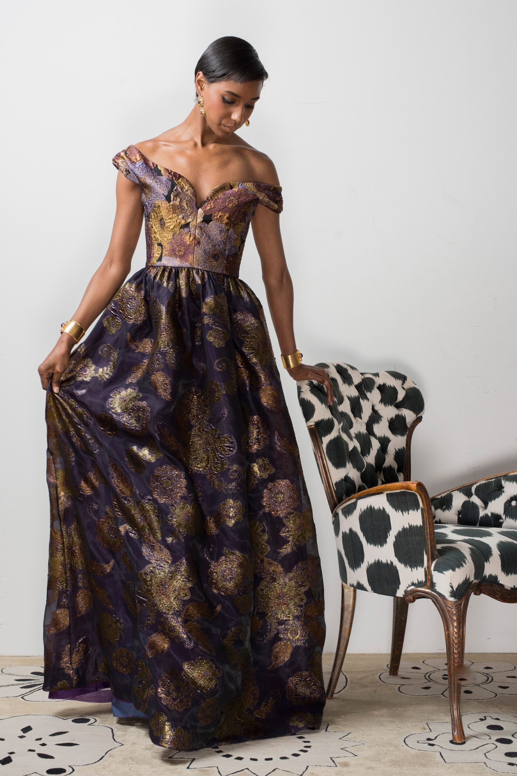 purple gold embroidered off-shoulder gown