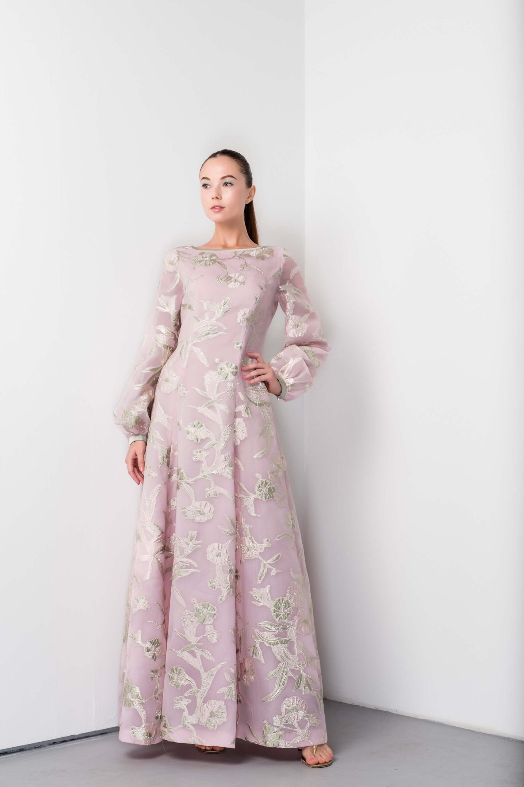 pink silk embroidered gown