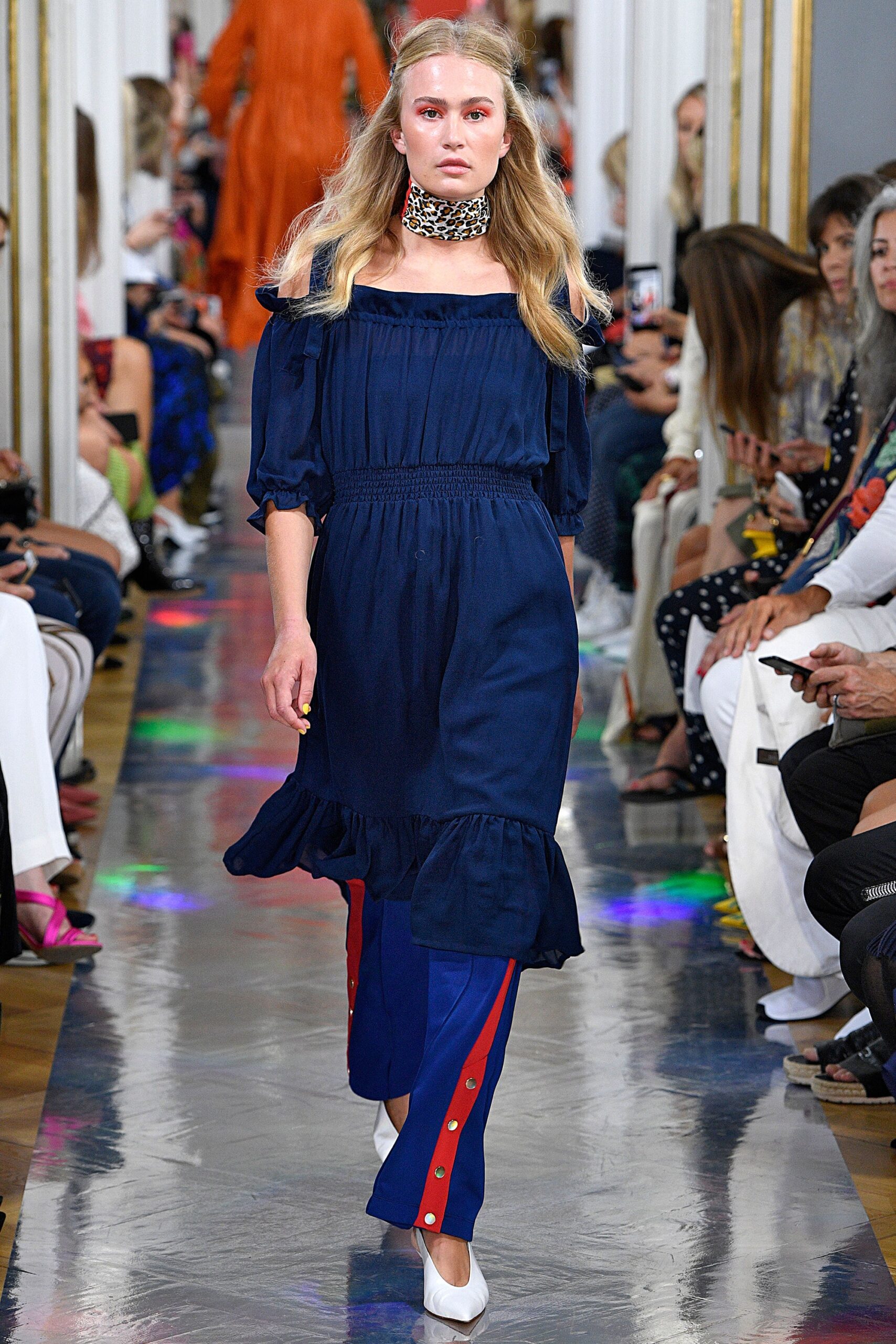 blue off-shoulder midi dress