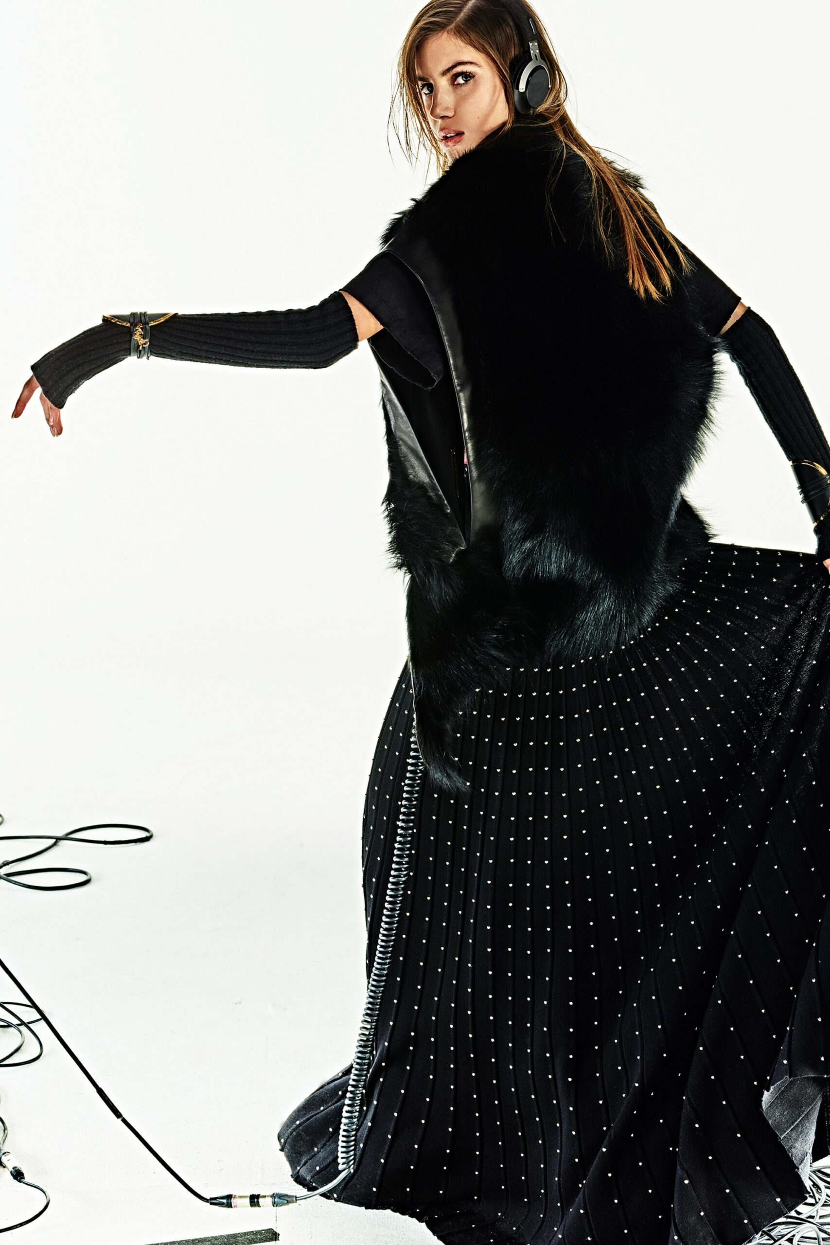 black silk gown with faux-fur cape