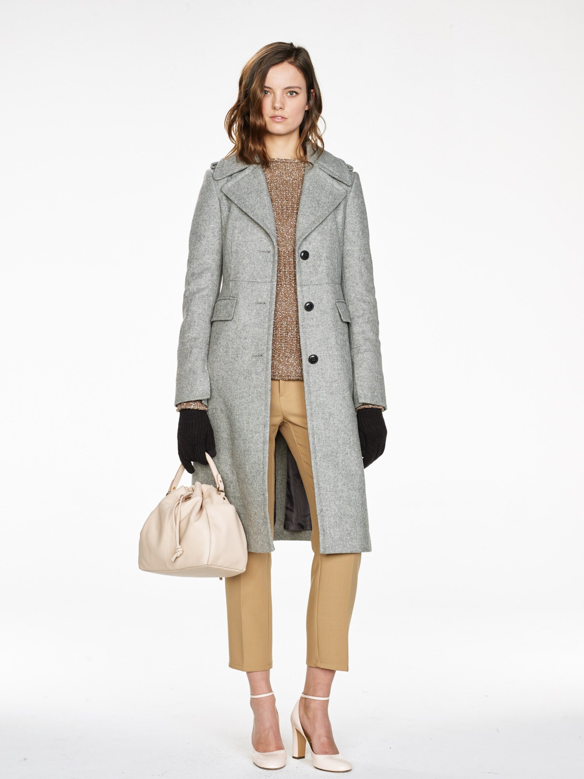 gray wool long-sleeve collared relaxed buttoned midi coat