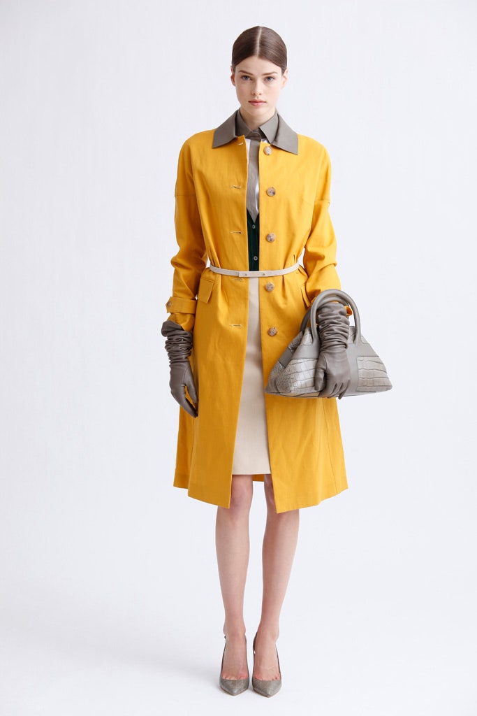 yellow coat with beige dress