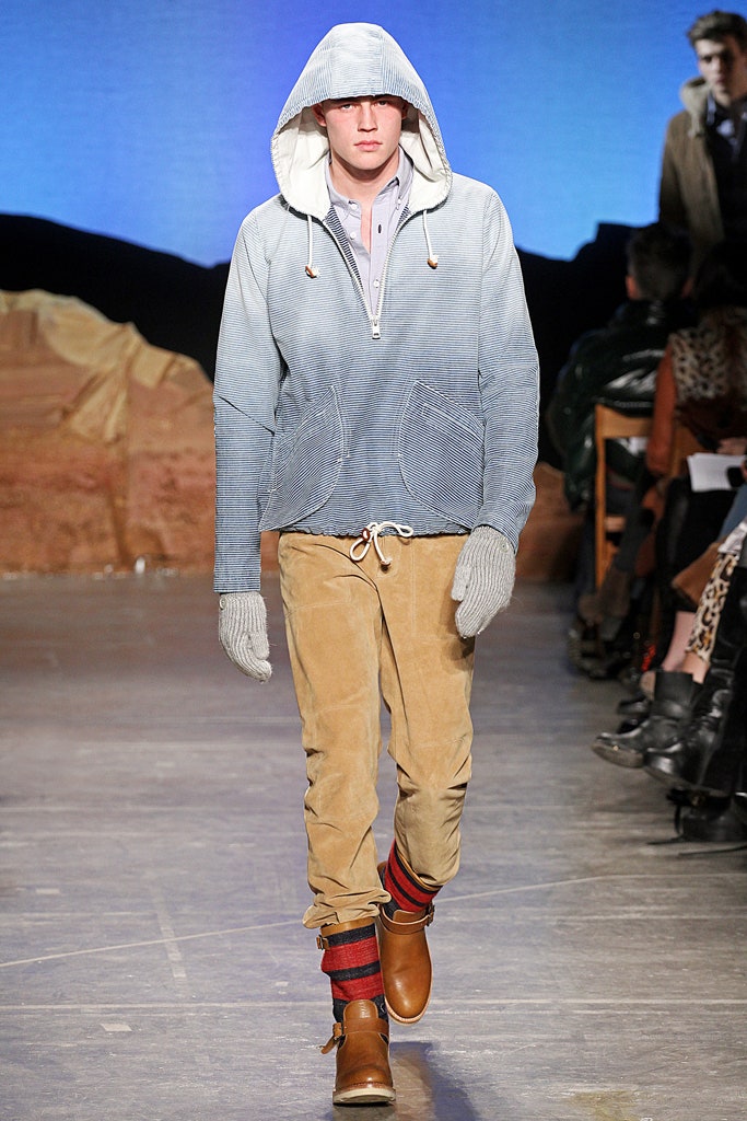 blue hoodie with beige pants