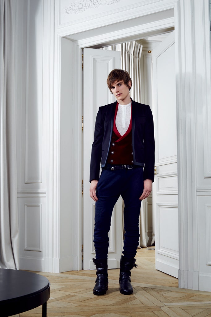 black blazer red vest white shirt