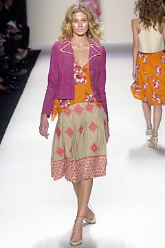 purple jacket orange floral top beige pleated skirt