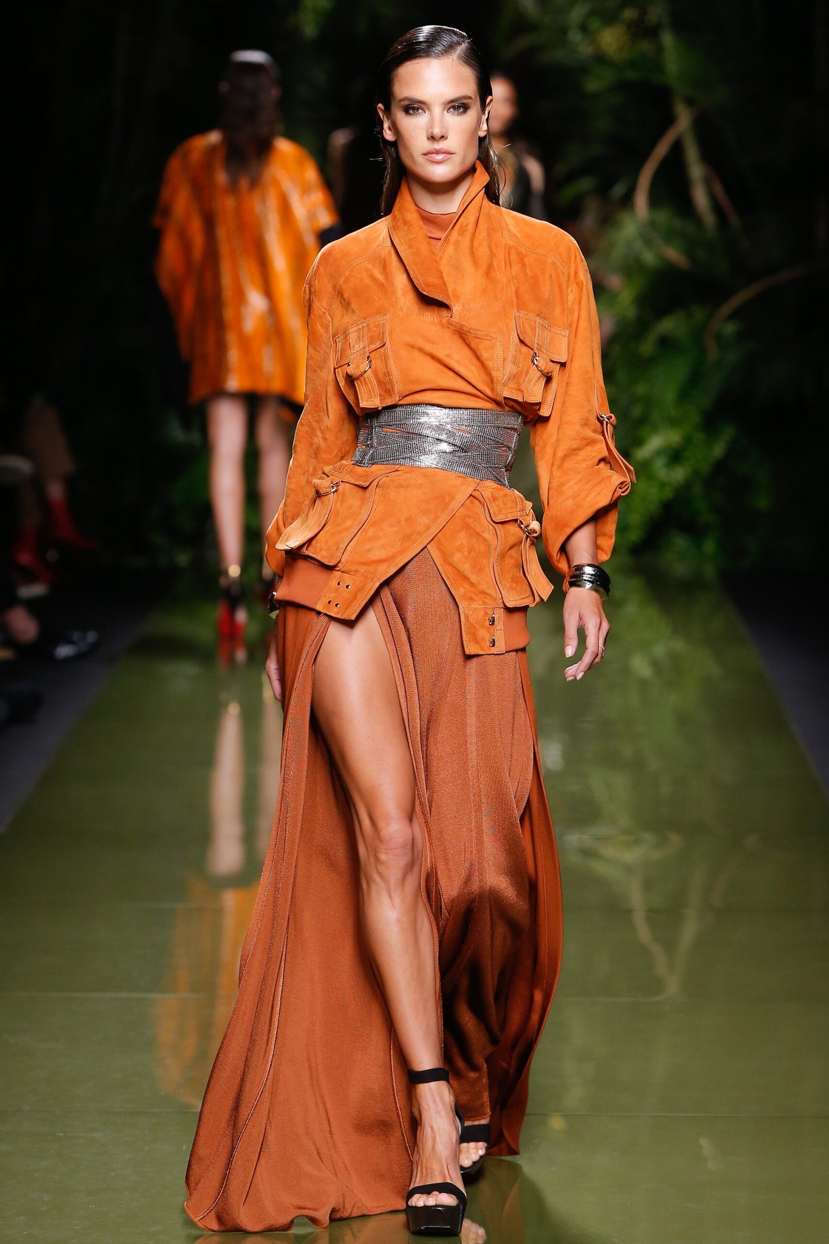 fitted orange suede maxi dress