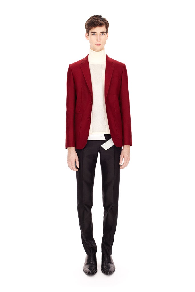 red blazer white turtleneck black pants